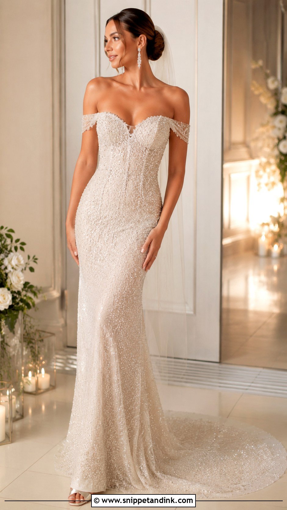 Bardot Beaded Wedding Dress - Snippet and Ink - 25 Bardot Wedding Dress Ideas