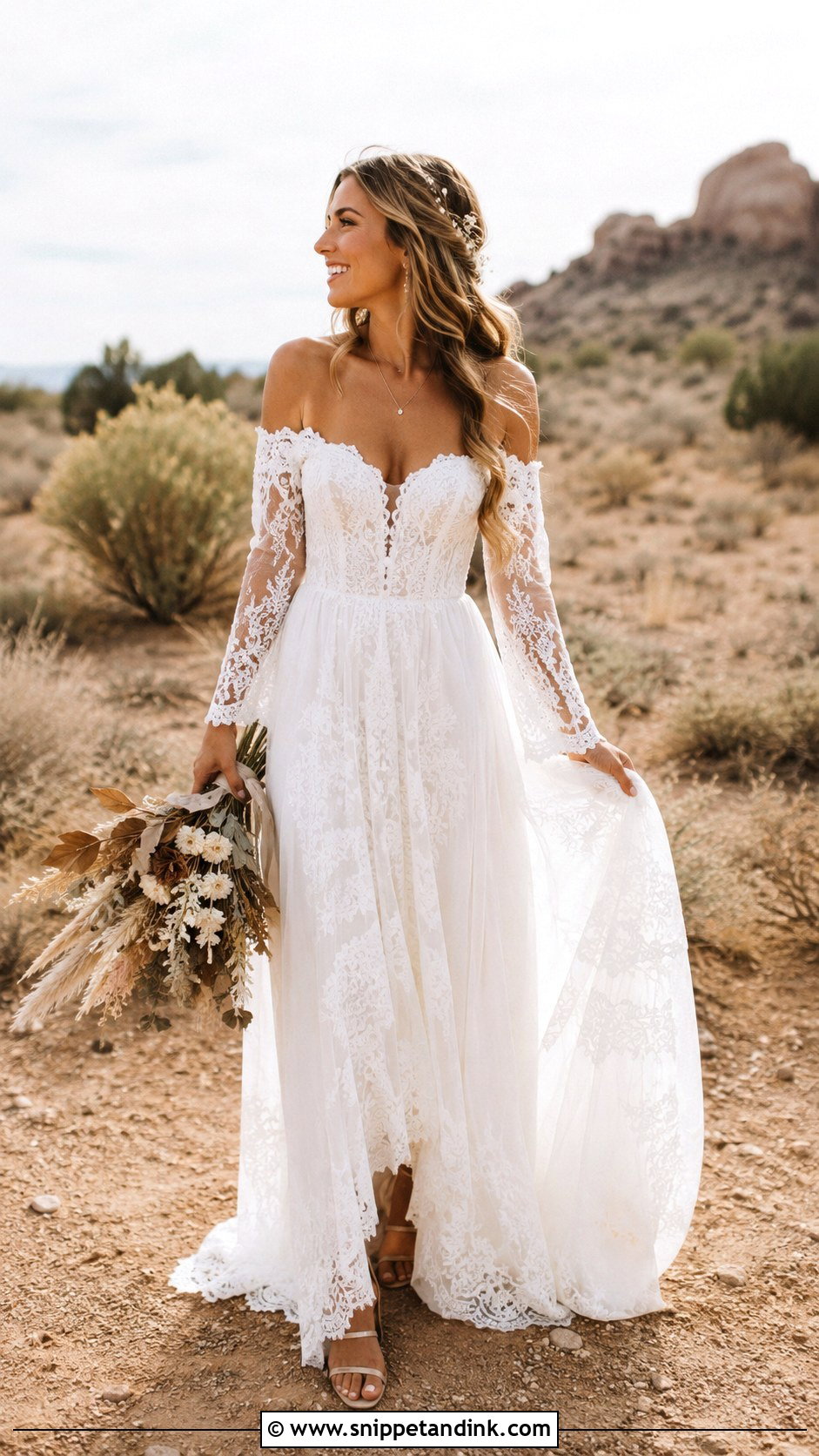 Bardot Boho Wedding Dress - Snippet and Ink - 25 Bardot Wedding Dress Ideas