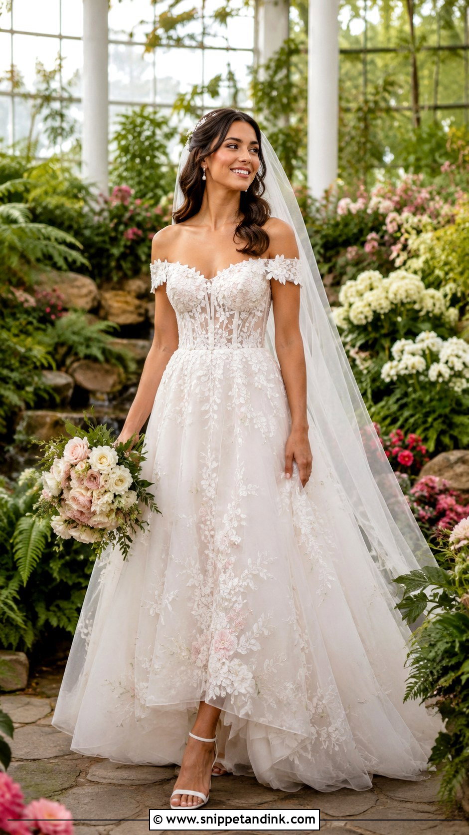 Bardot Chiffon Wedding Dress - Snippet and Ink - 25 Bardot Wedding Dress Ideas