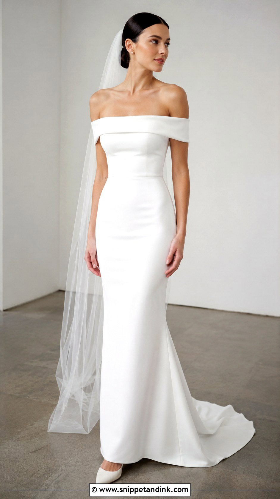 Bardot Crepe Wedding Dress - Snippet and Ink - 25 Bardot Wedding Dress Ideas