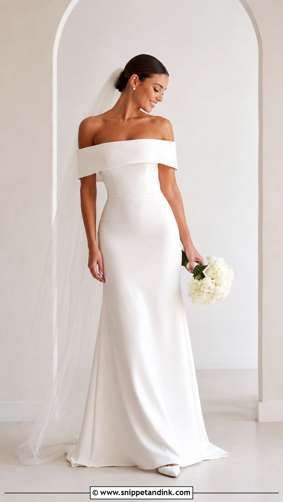 Bardot Minimalist Wedding Dress - Snippet and Ink - 25 Bardot Wedding Dress Ideas