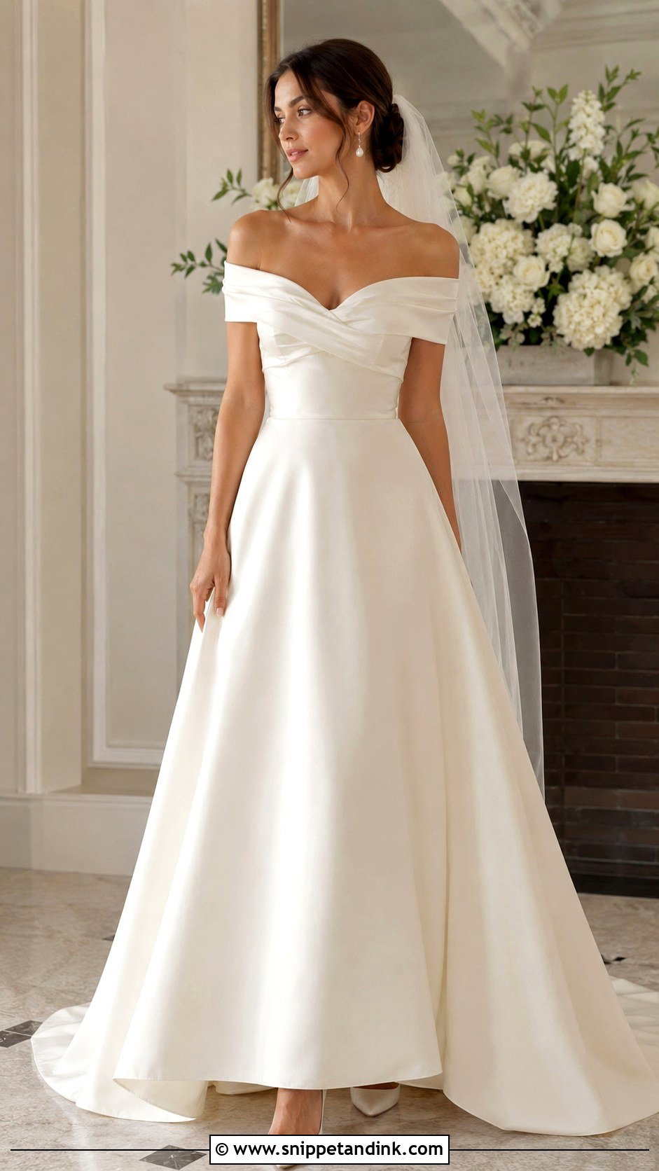 Bardot Satin A Line Wedding Dress - Snippet and Ink - 25 Bardot Wedding Dress Ideas