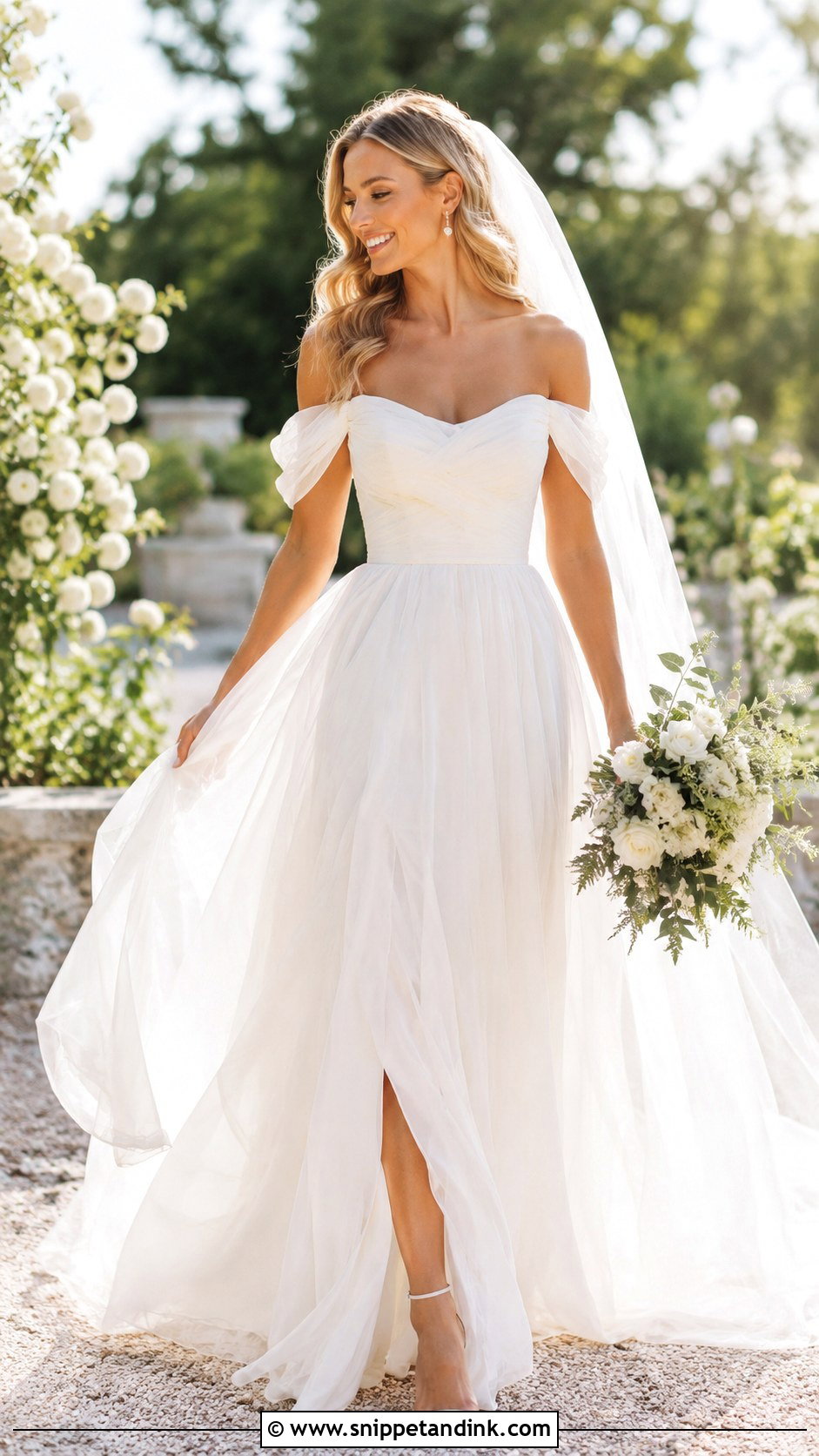 Bardot Summer Wedding Dress - Snippet and Ink - 25 Bardot Wedding Dress Ideas