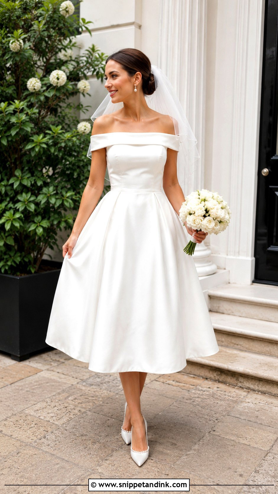 Bardot Tea Length Wedding Dress - Snippet and Ink - 25 Bardot Wedding Dress Ideas