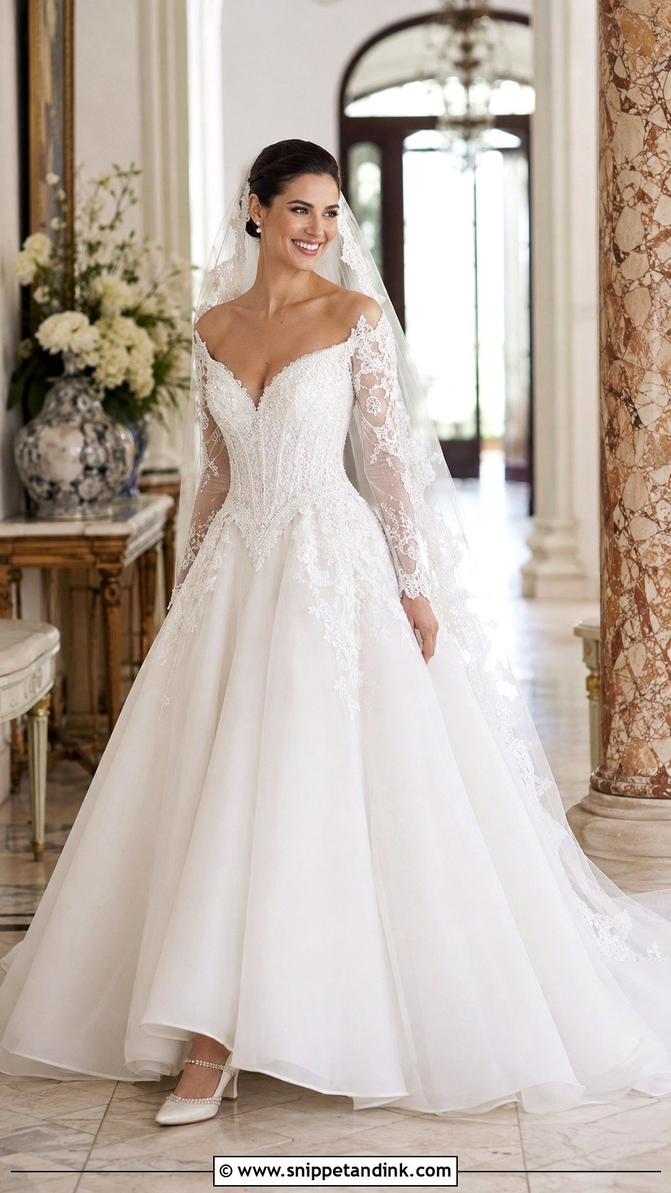 Basque Waist Beaded Lace Wedding Dress - Snippet and Ink - 20 Beaded Lace Wedding Dress Ideas