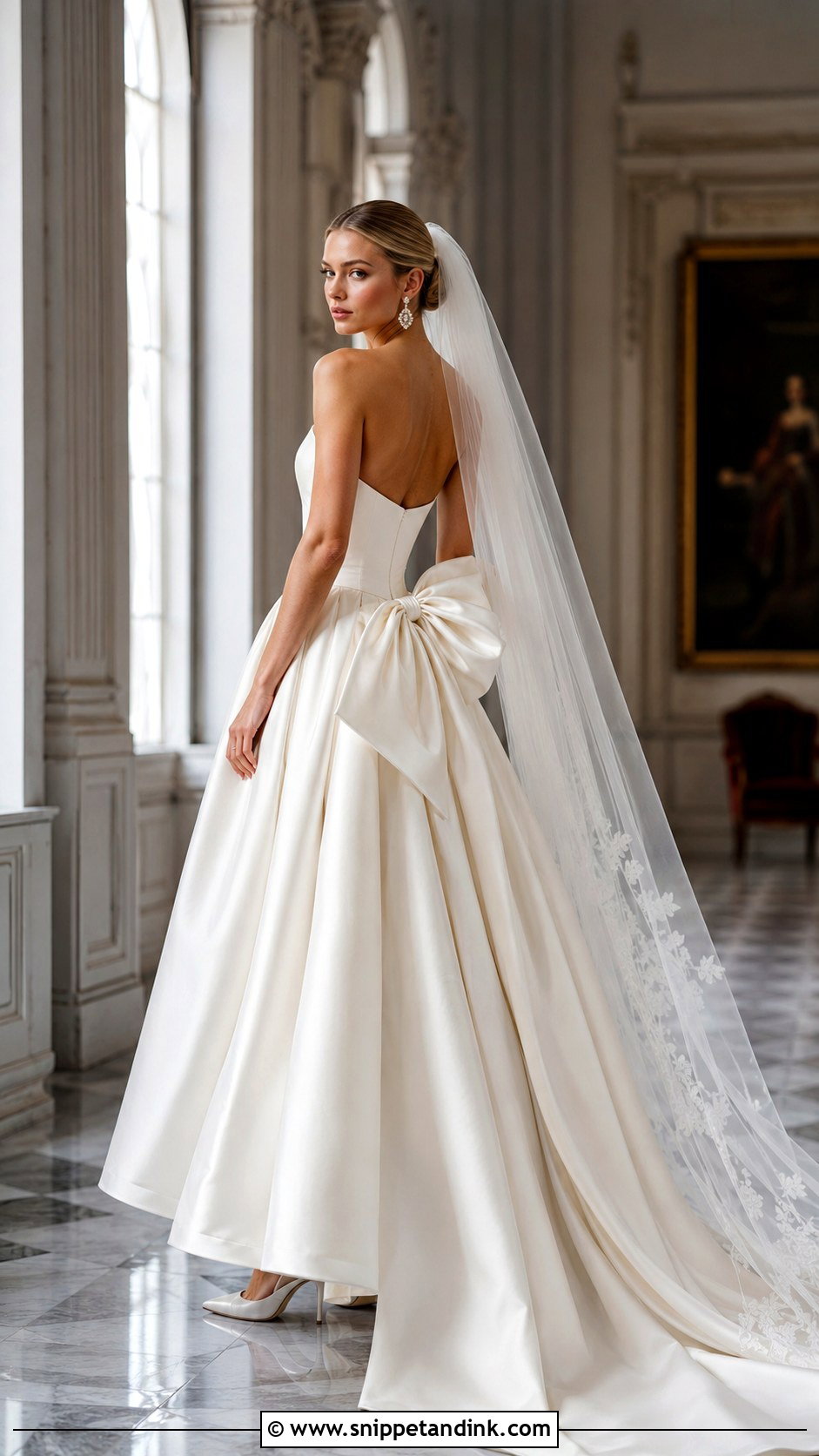 Basque Waist Bow Back Wedding Dress - Snippet and Ink - 20 Bow Back Wedding Dress Ideas