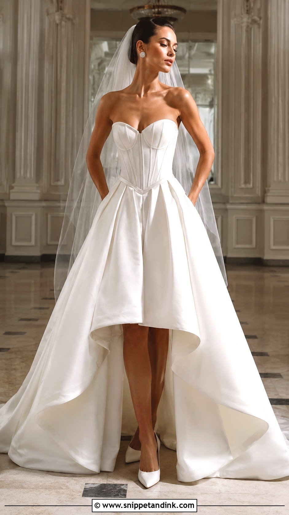 Basque Waist Hi Low Wedding Dress With Pointed Pumps - Snippet and Ink - 20 Hi Low Wedding Dress Ideas