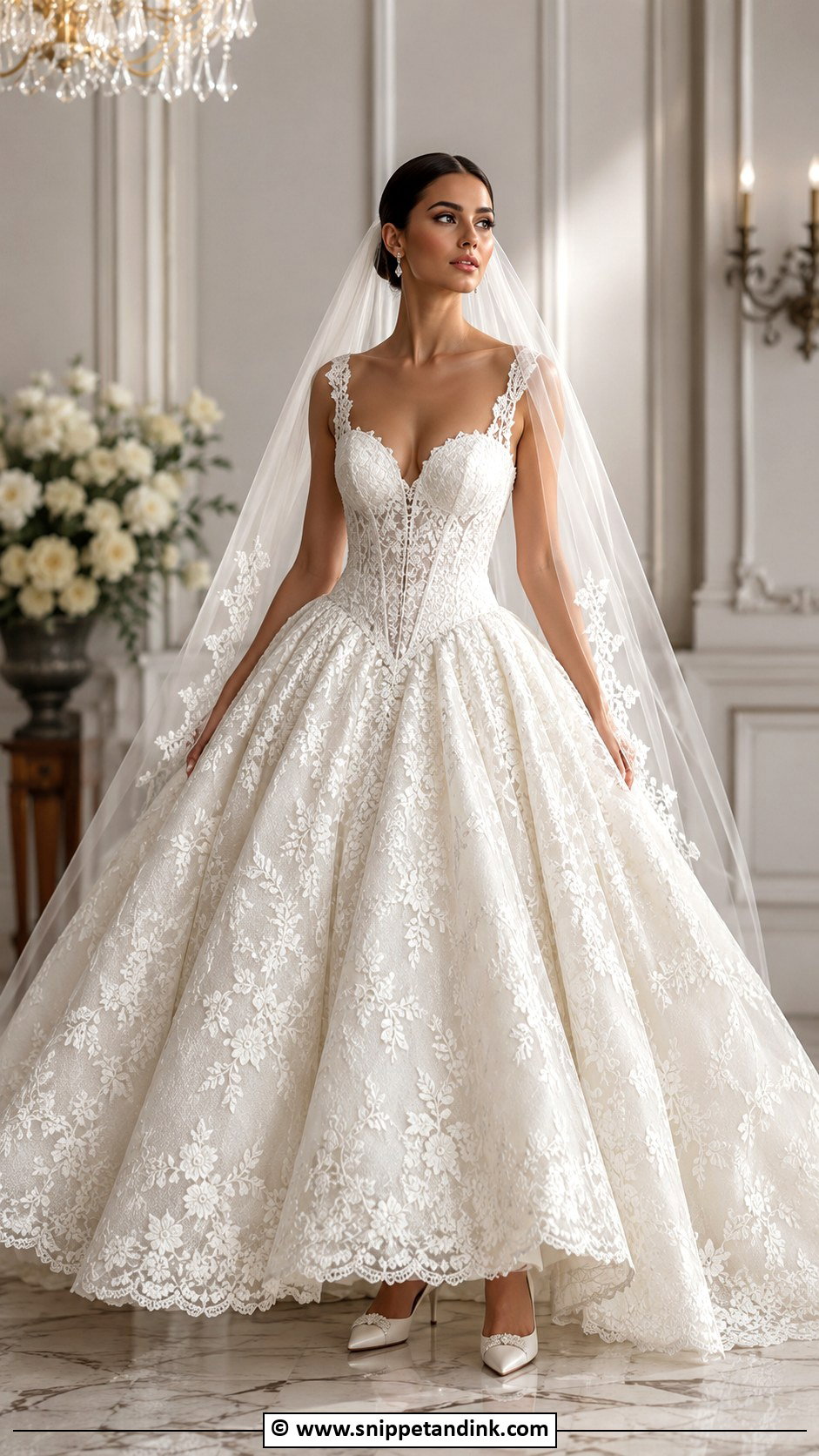 Basque Waist Lace Ballgown Wedding Dress - Snippet and Ink - 25 Lace Ballgown Wedding Dress Ideas