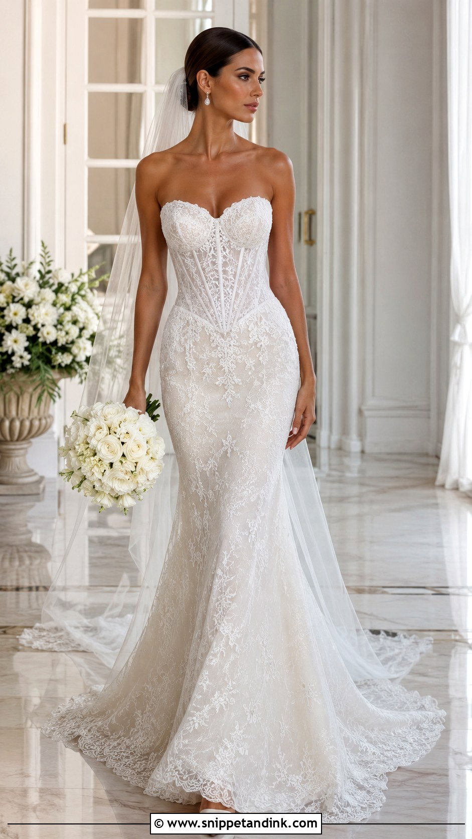 Basque Waist Lace Corset Wedding Dress - Snippet and Ink - 20 Fitted Strapless Lace Wedding Dress Ideas