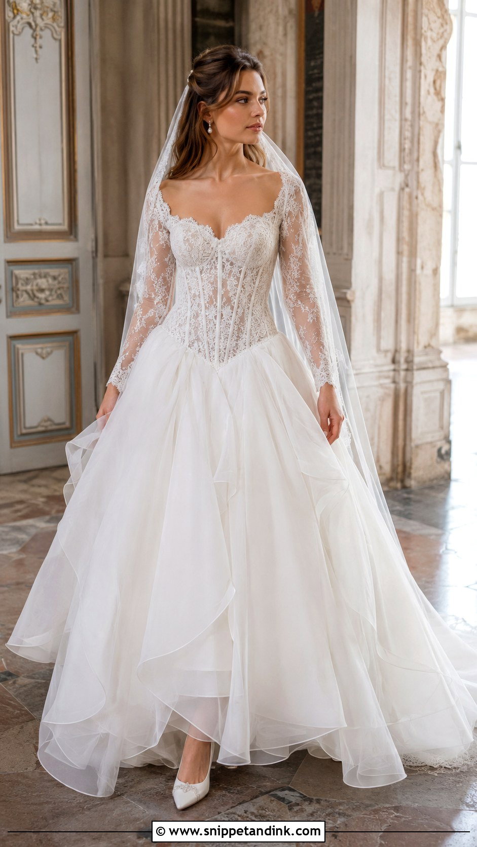 Basque Waist Long Sleeve Princess Wedding Dress - Snippet and Ink - 20 Long Sleeve Princess Wedding Dress Ideas
