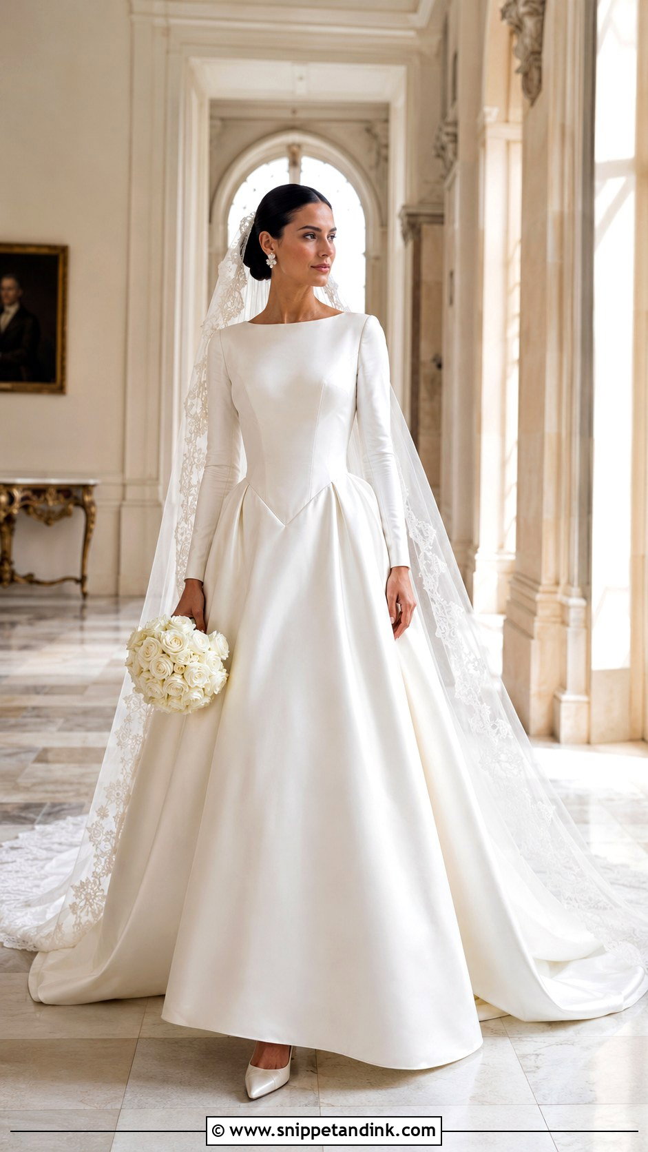 Basque Waist Long Sleeve Silk Wedding Dress - Snippet and Ink - 20 Long Sleeve Silk Wedding Dress Ideas