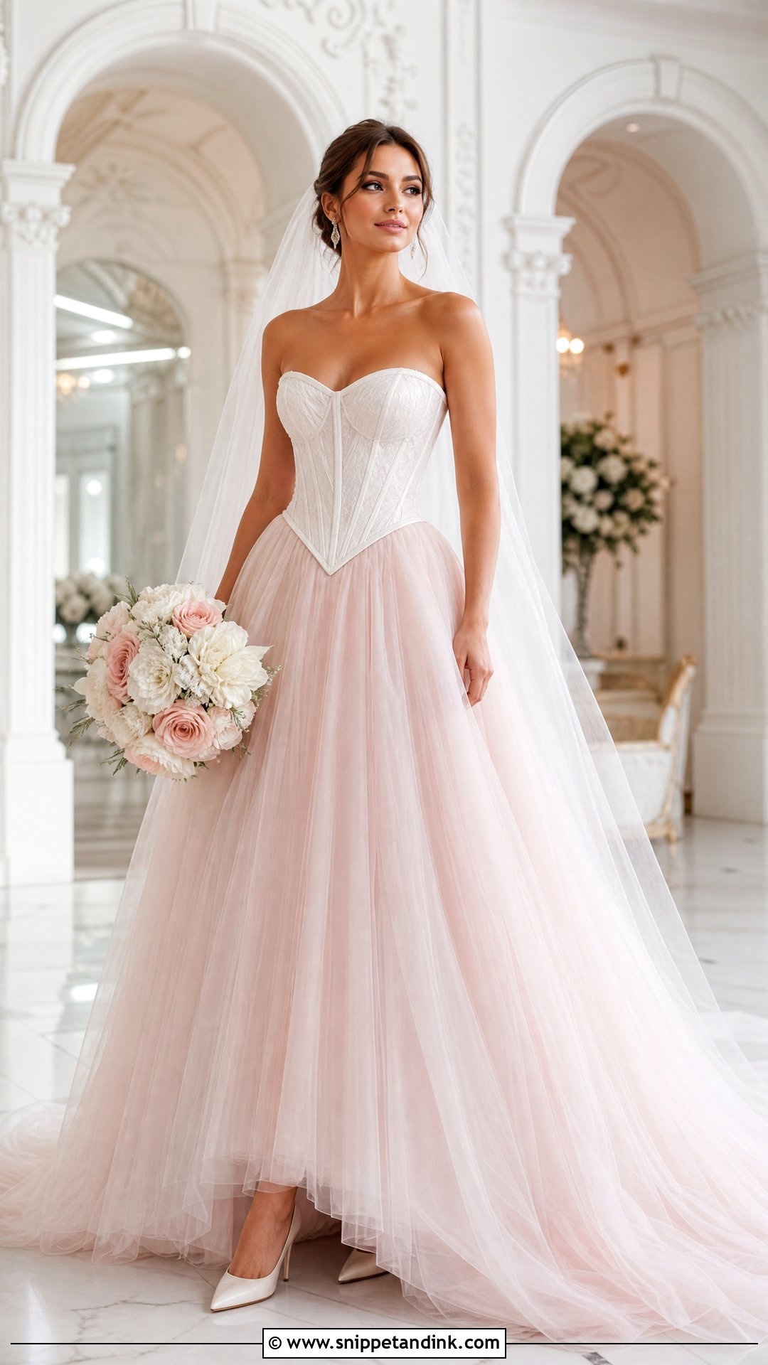 Basque Waist Pink and White Wedding Dress - Snippet and Ink - 20 Pink White Wedding Dress Ideas