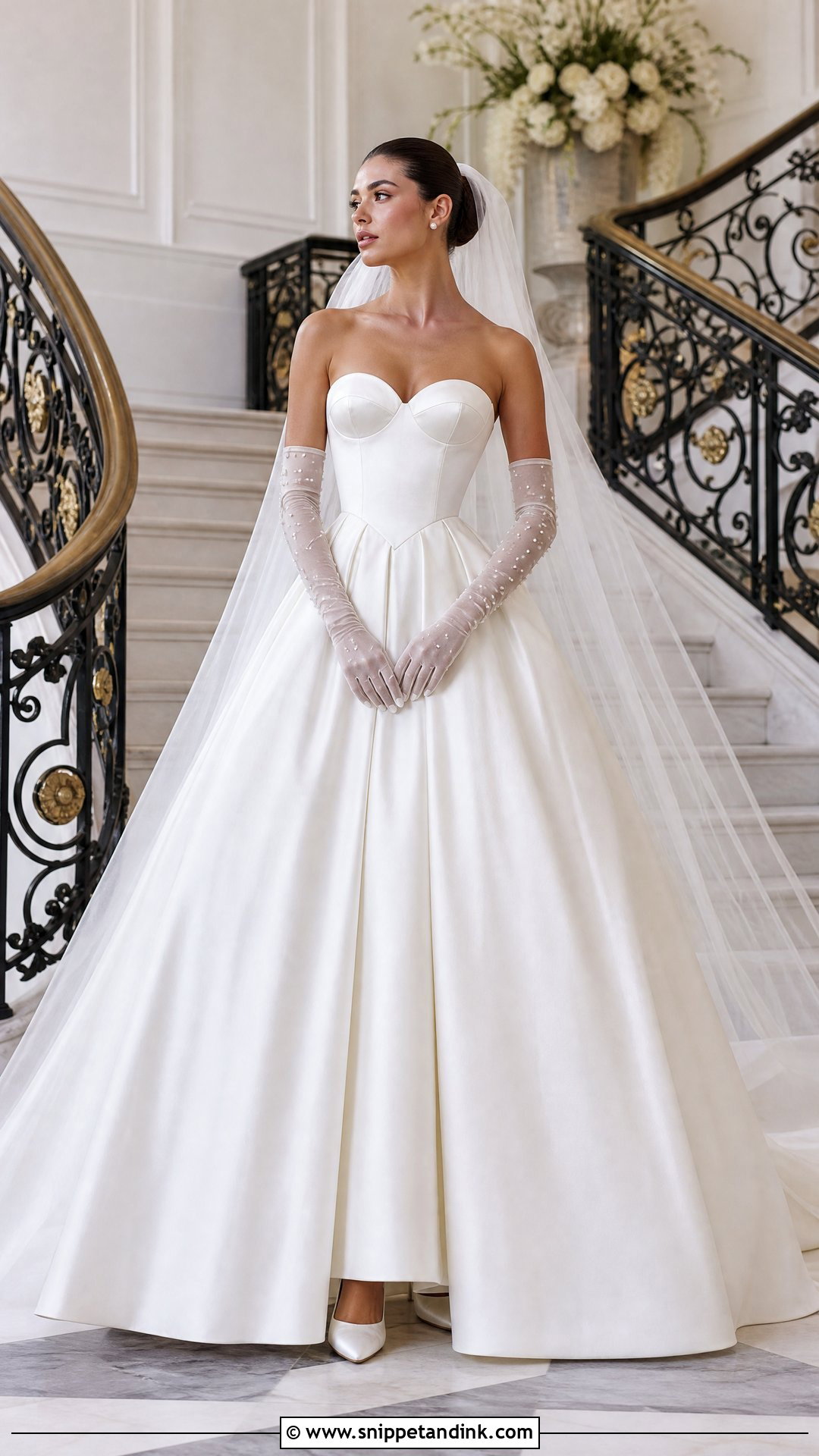 Basque Waist Satin Ball Gown With Pearl Gloves - Snippet and Ink - 20 Satin Wedding Dress with Gloves Ideas