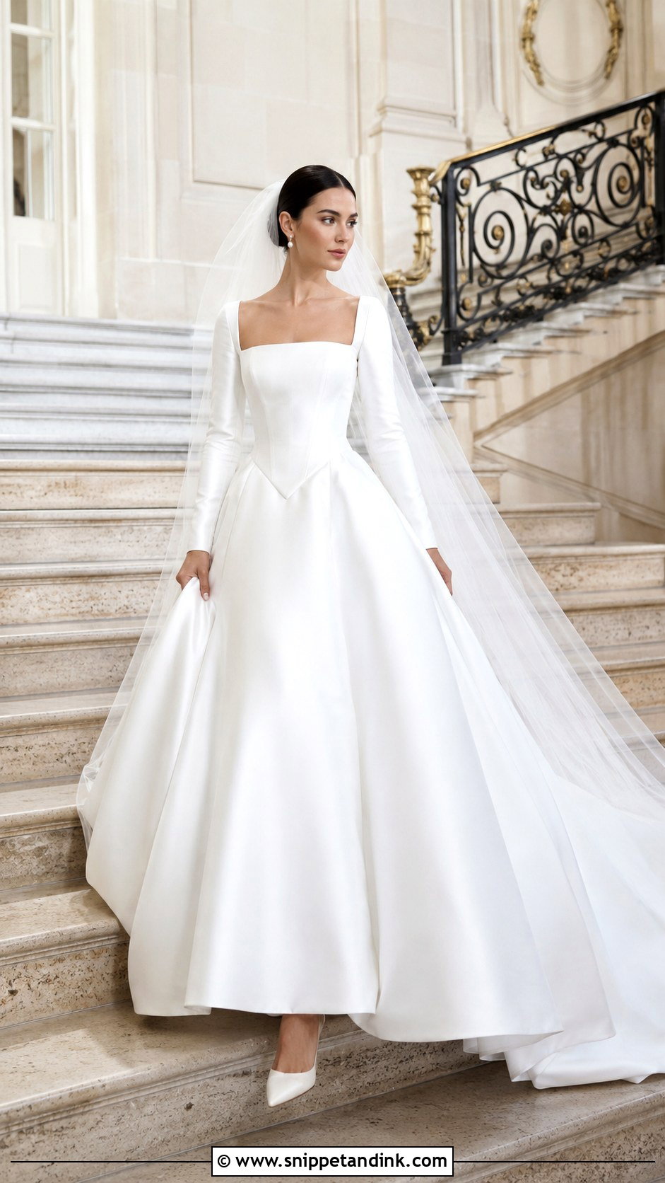Basque Waist Satin Long Sleeve Bridal Gown - Snippet and Ink - 20 Long Sleeve Bridal Gown Ideas