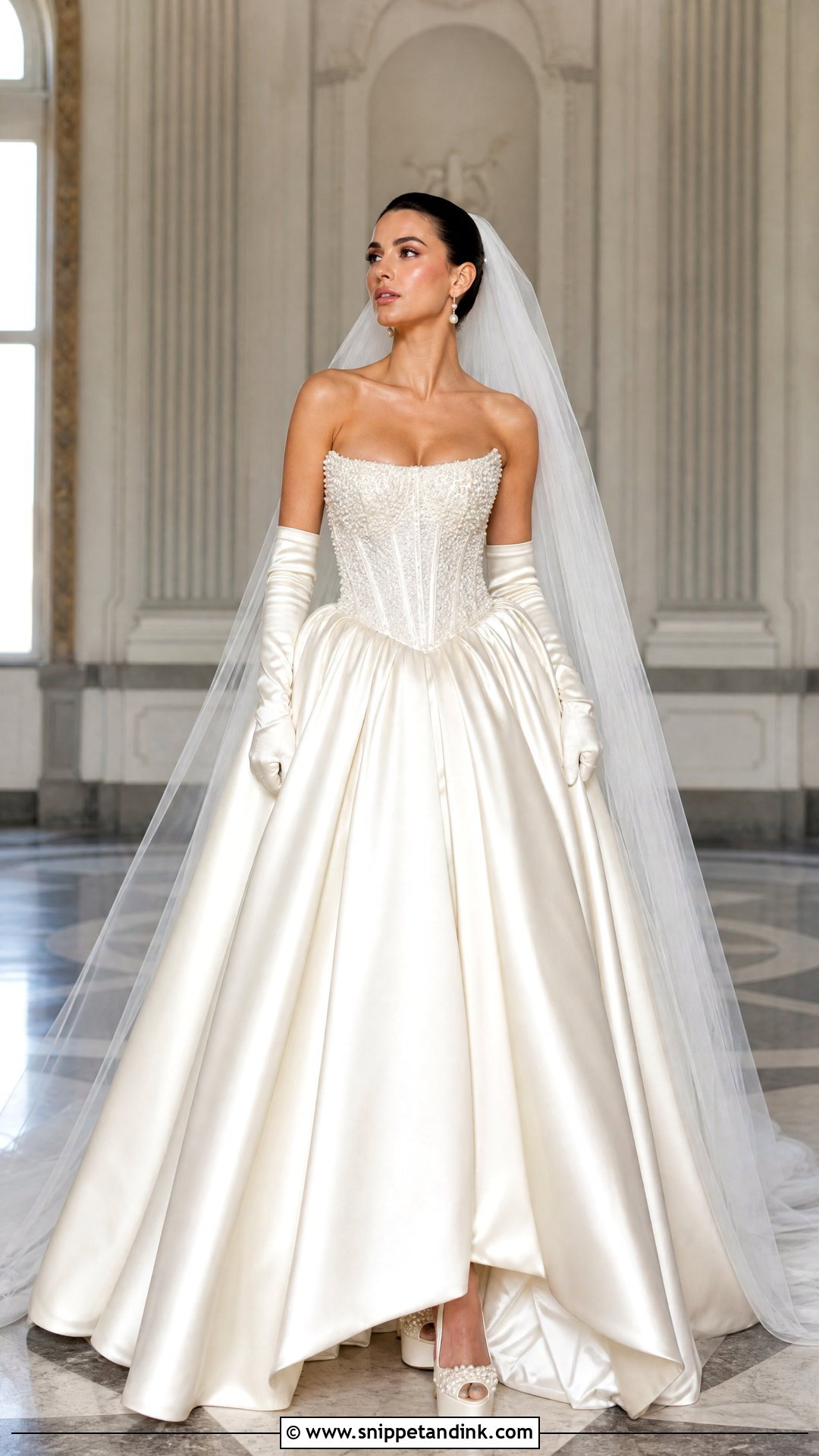 Basque Waist Satin Wedding Dress With Pearl Corset - Snippet and Ink - 20 Satin and Pearl Wedding Dress Ideas