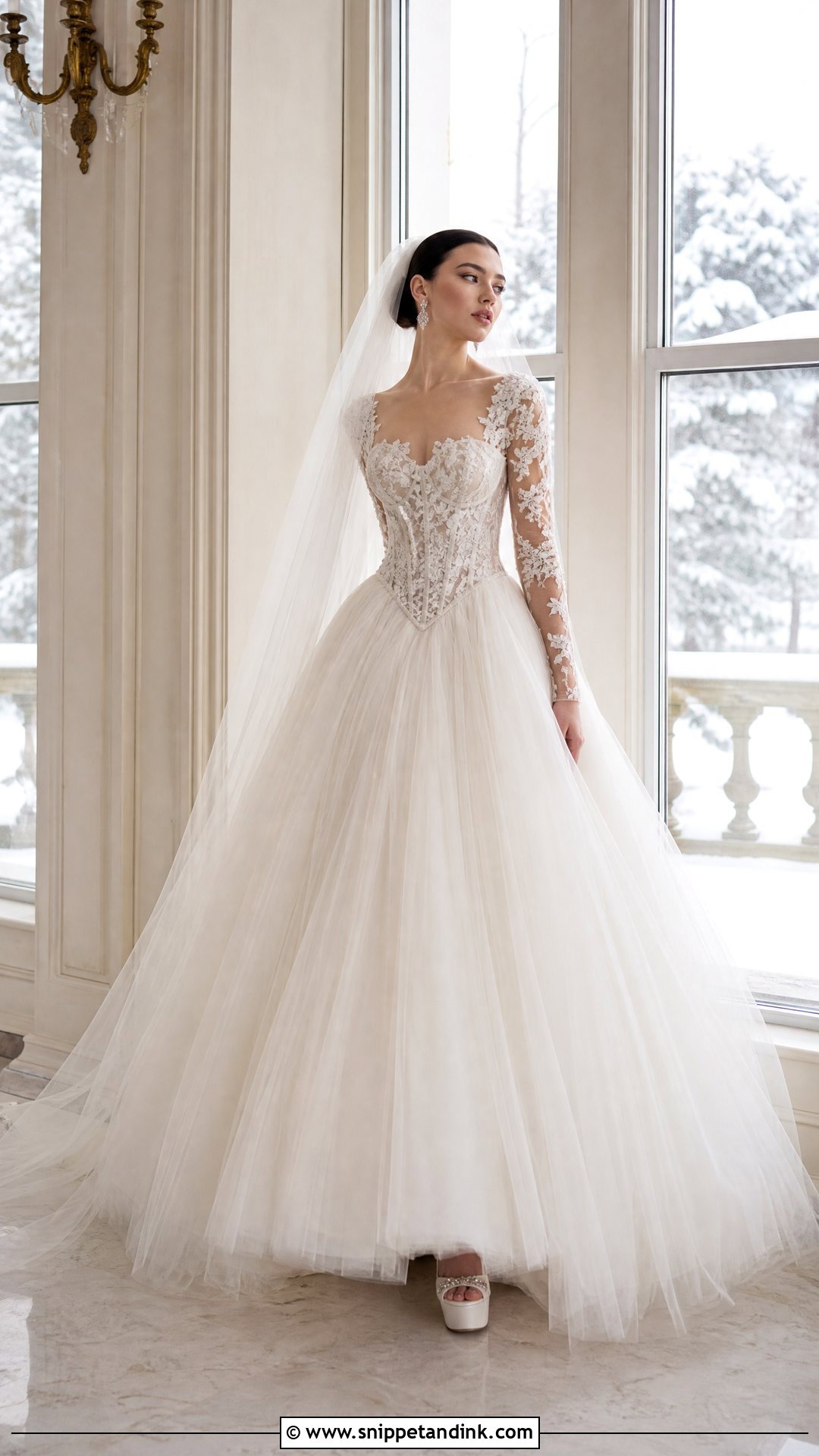 Basque Waist Tulle Winter Wedding Dress With Sleeves - Snippet and Ink - 20 Winter Wedding Dress with Sleeves