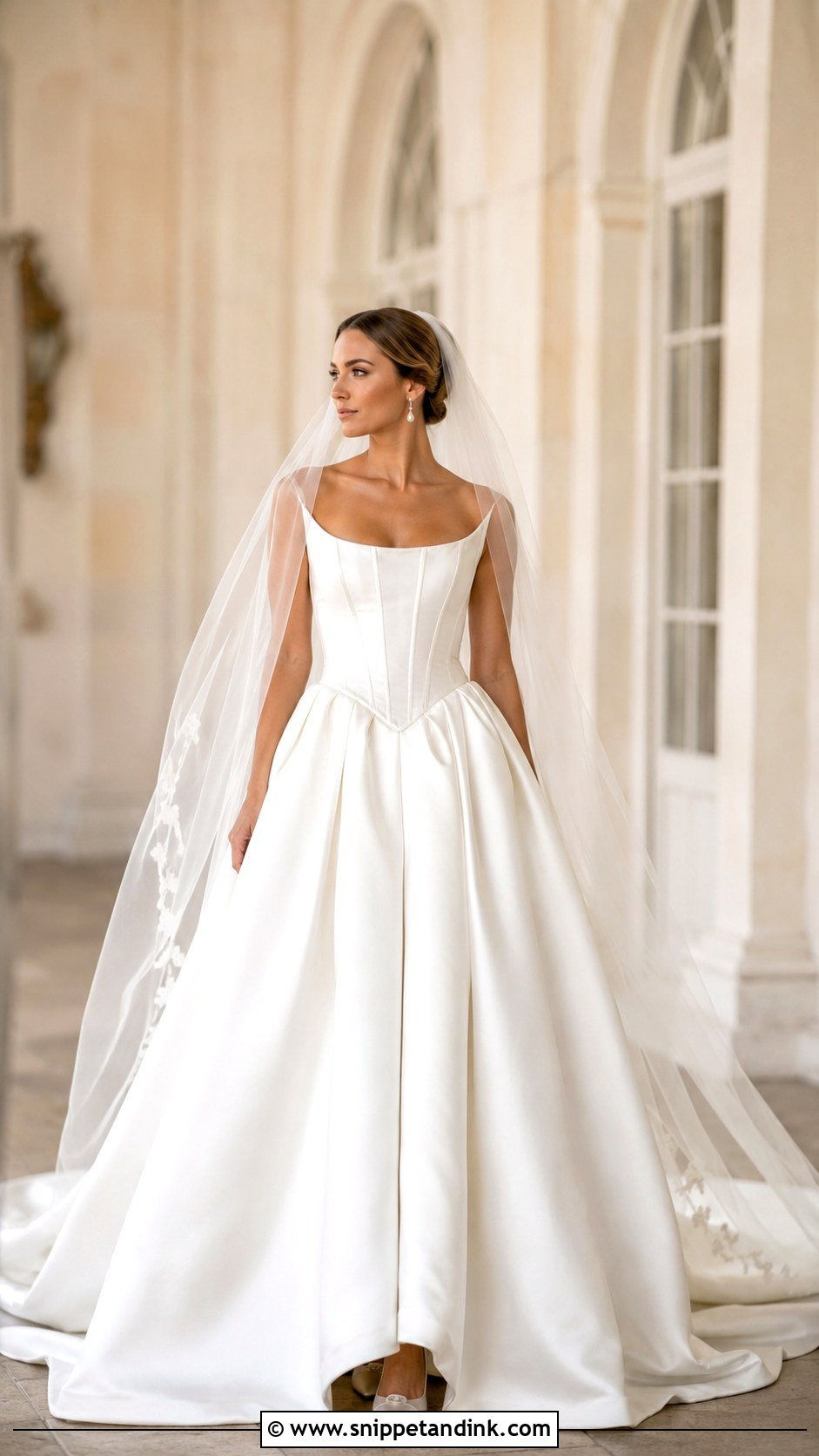 Basque Waist Wedding Dress With Cathedral Veil - Snippet and Ink - 25 Wedding Dress Style Ideas