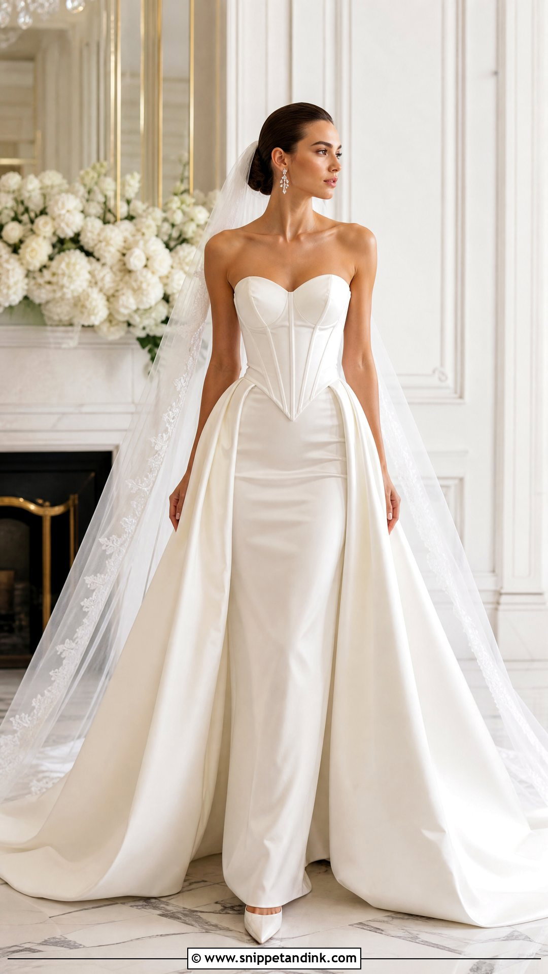 Basque Waist Wedding Dress With Detachable Overskirt - Snippet and Ink - 20 Wedding Dress Combination Ideas