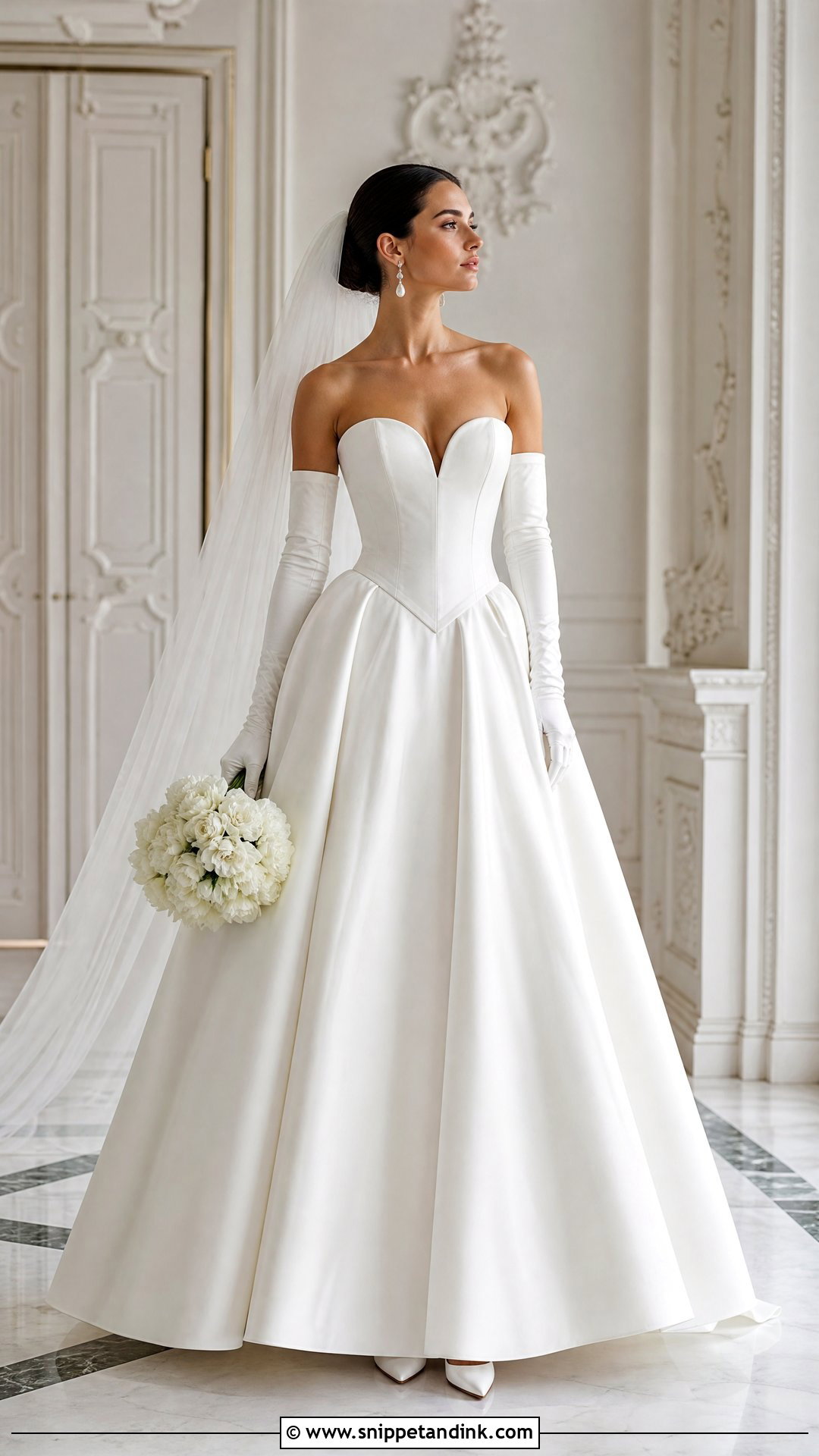 Basque Waist Wedding Dress With Long Satin Gloves - Snippet and Ink - 20 Wedding Dress with Long Gloves Ideas