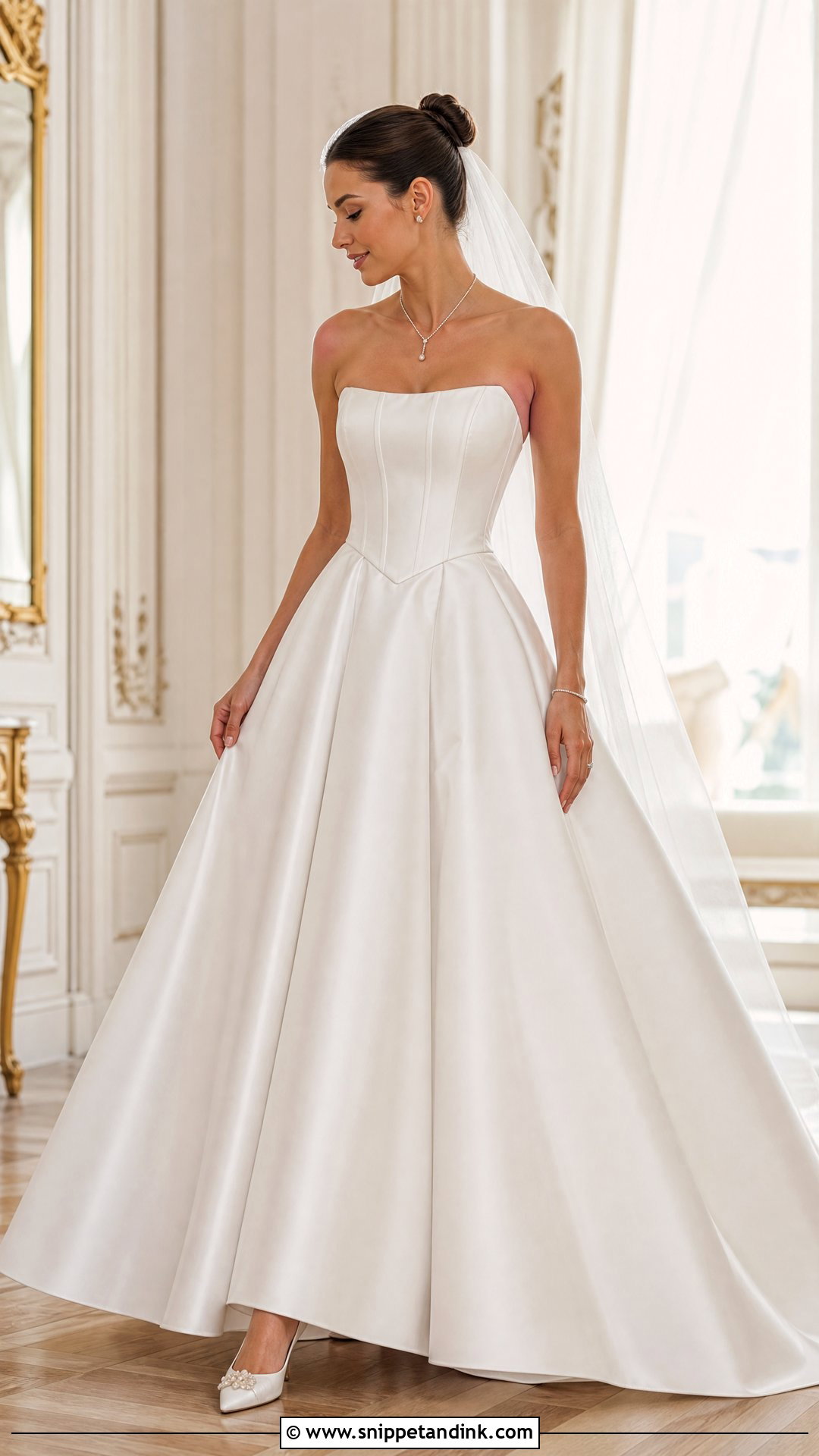 Basque Waist Wedding Dress With Pearl Drop Necklace - Snippet and Ink - 20 Pearl Necklace Wedding Dress Ideas