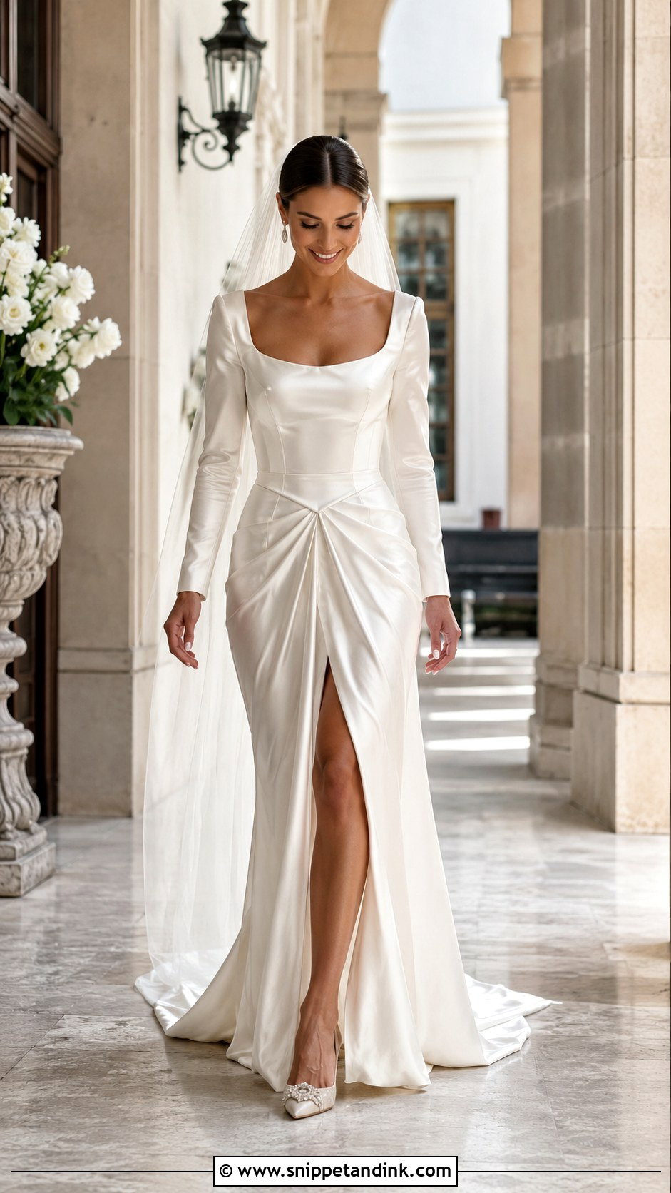 Basque Waist Wedding Dress With Slit And Sleeves - Snippet and Ink - 25 Basque Waist Wedding Dress with Sleeves