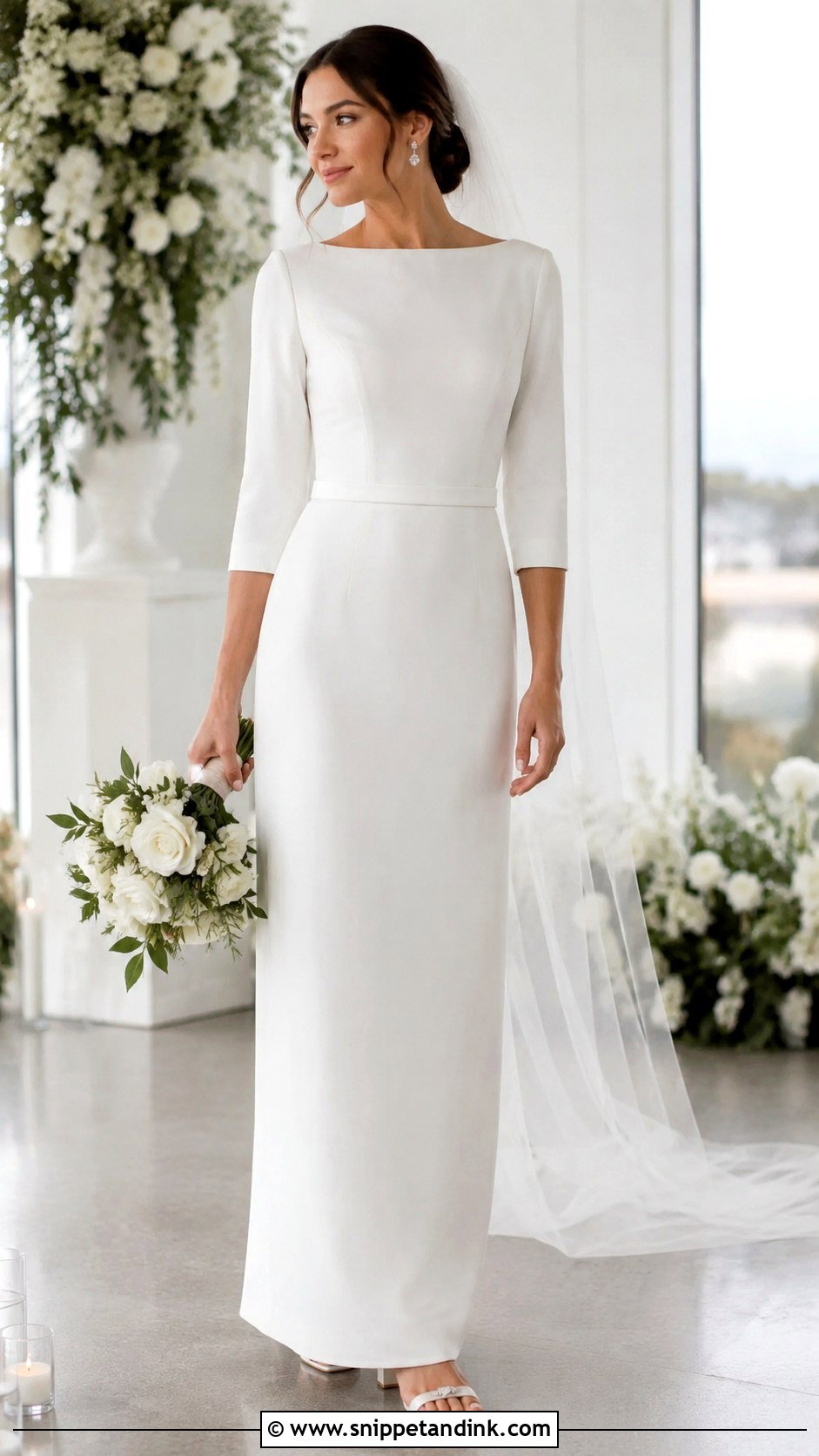 Bateau Neck Crepe Column Wedding Dress - Snippet and Ink - 20 Modest White Wedding Dress Ideas