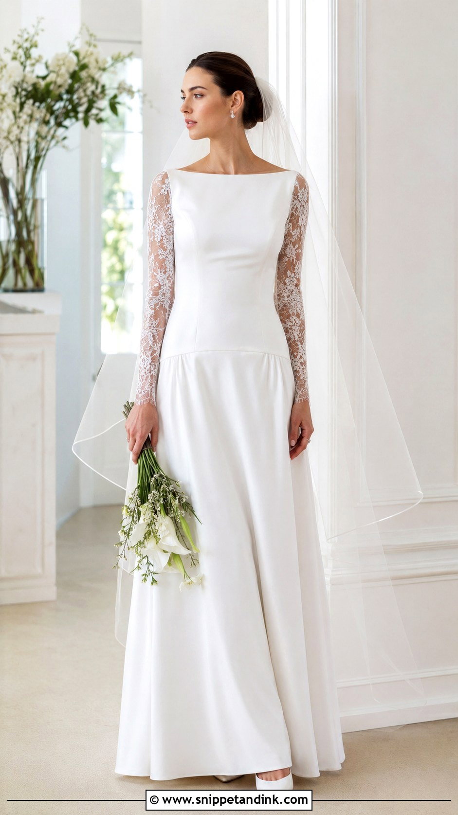 Bateau Neck Drop Waist Wedding Dress With Fitted Sleeves - Snippet and Ink - 20 Drop Waist Wedding Dress with Sleeves