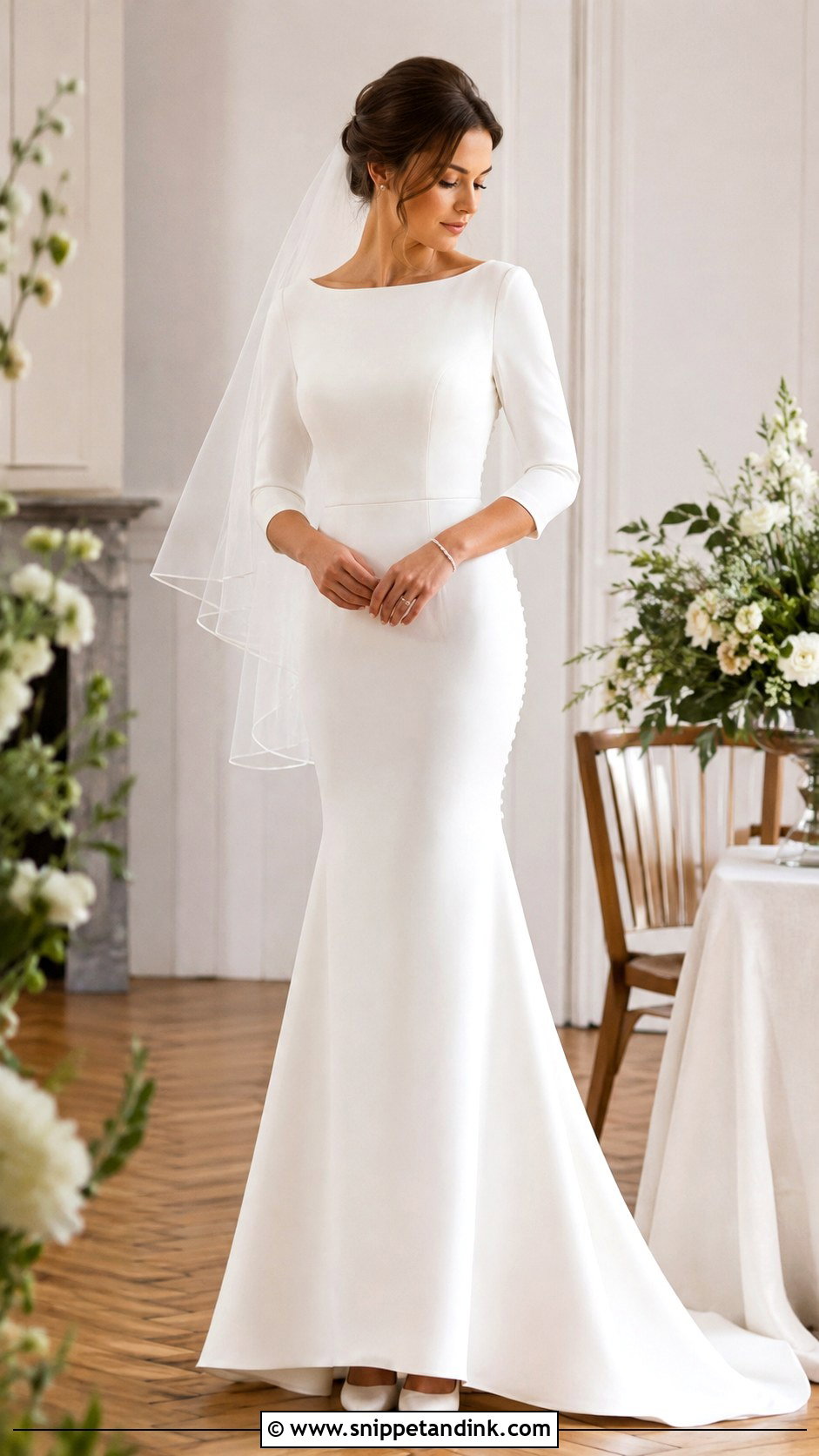 Bateau Neck Fit and Flare Wedding Dress With Three Quarter Sleeves - Snippet and Ink - 20 Fit and Flare Wedding Dress with Sleeves