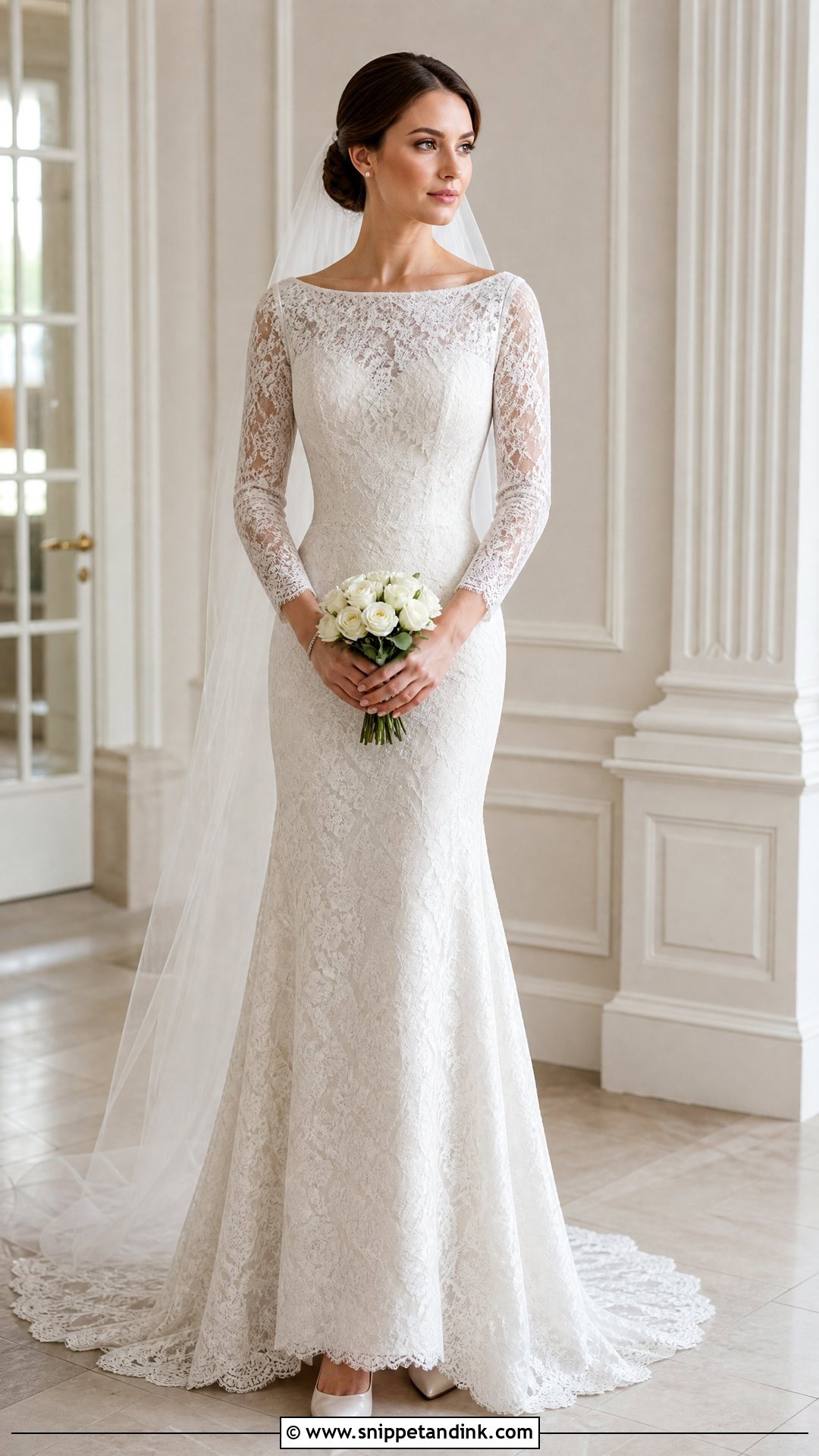 Bateau Neck Fitted Lace Wedding Dress - Snippet and Ink - 25 Fitted Lace Wedding Dress with Sleeves