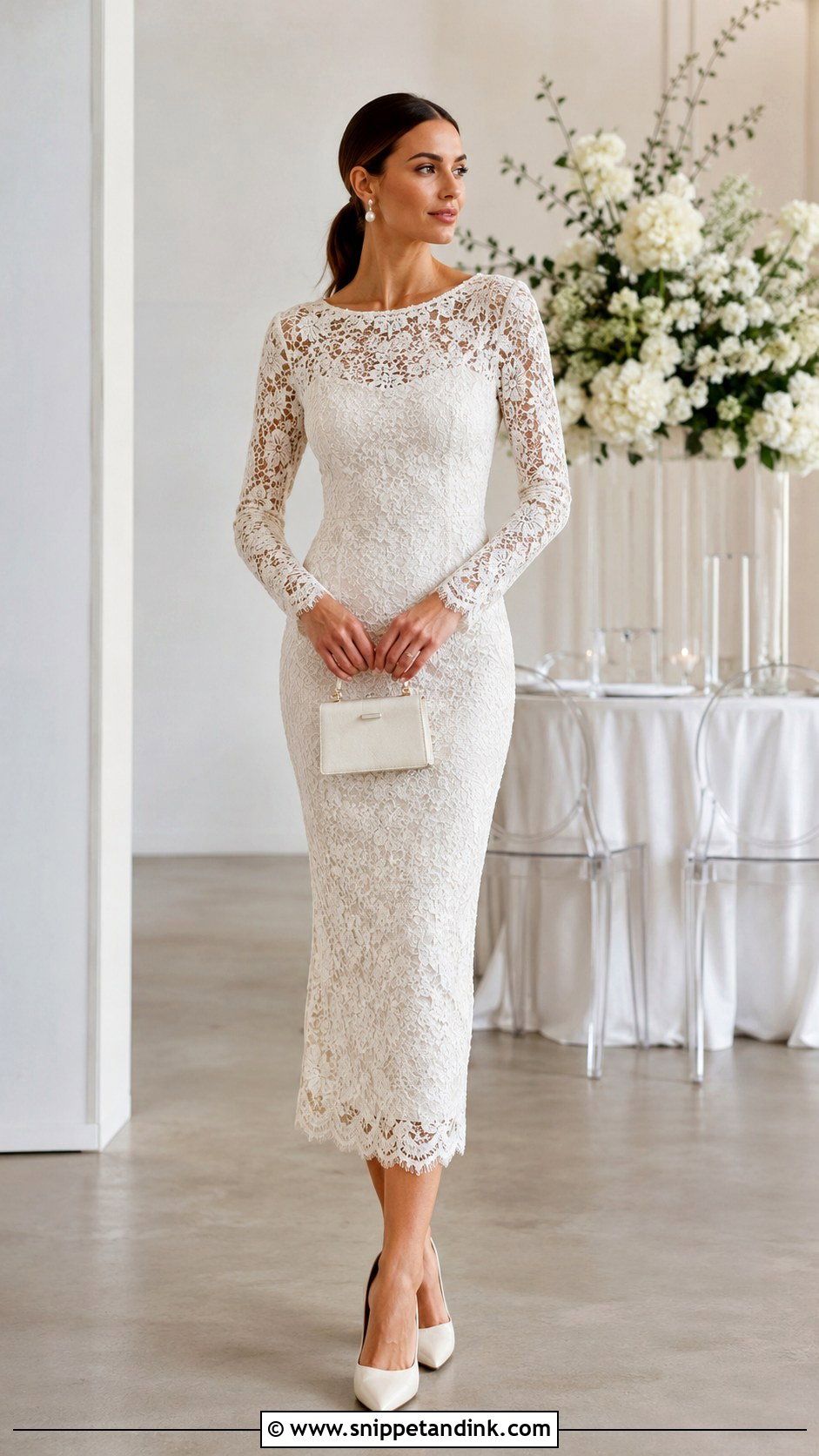 Bateau Neck Lace Midi Wedding Dress With Fitted Sleeves - Snippet and Ink - 20 Midi Wedding Dress with Sleeves