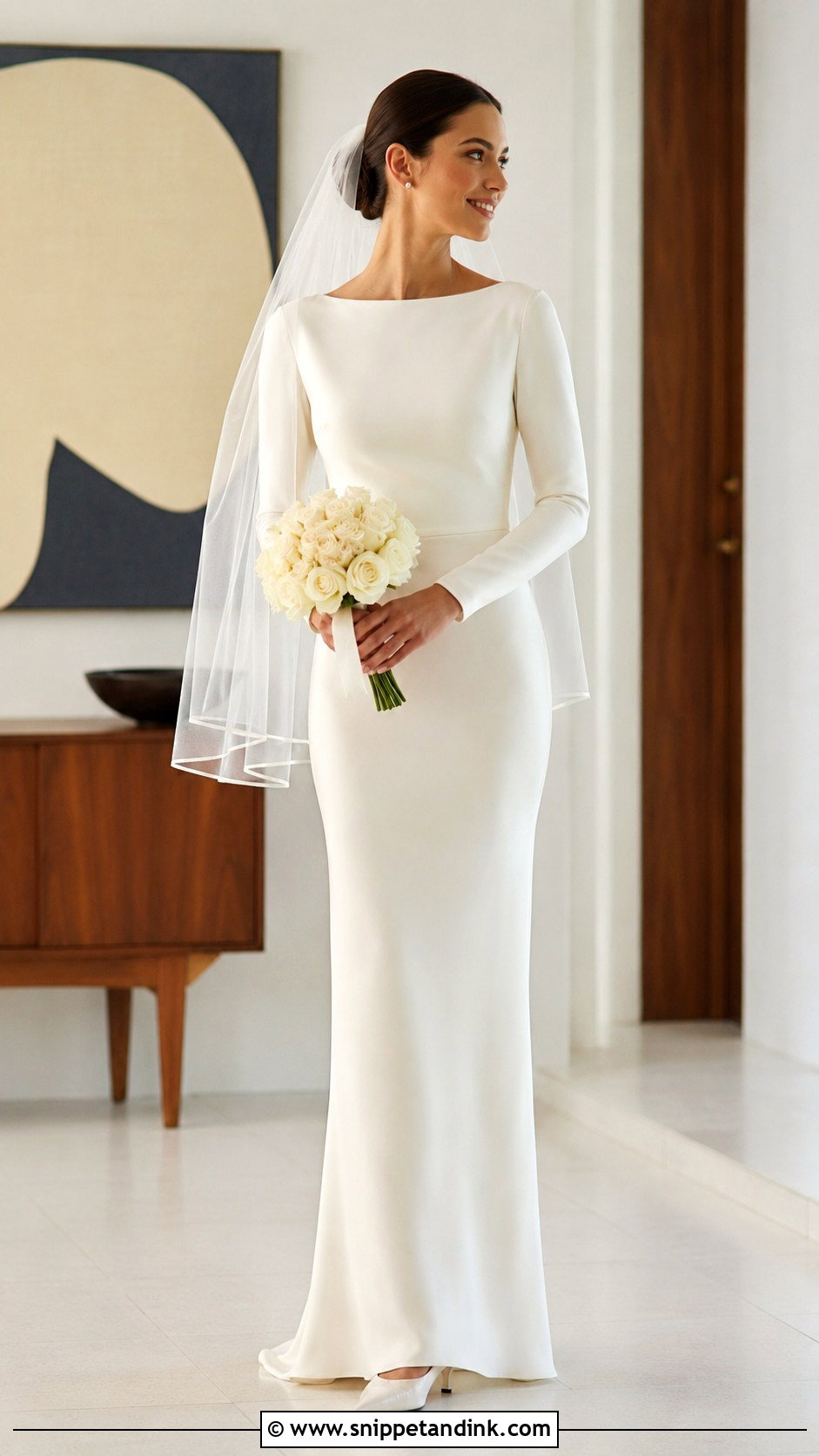 Bateau Neck Long Sleeve Silk Wedding Dress - Snippet and Ink - 20 Long Sleeve Silk Wedding Dress Ideas