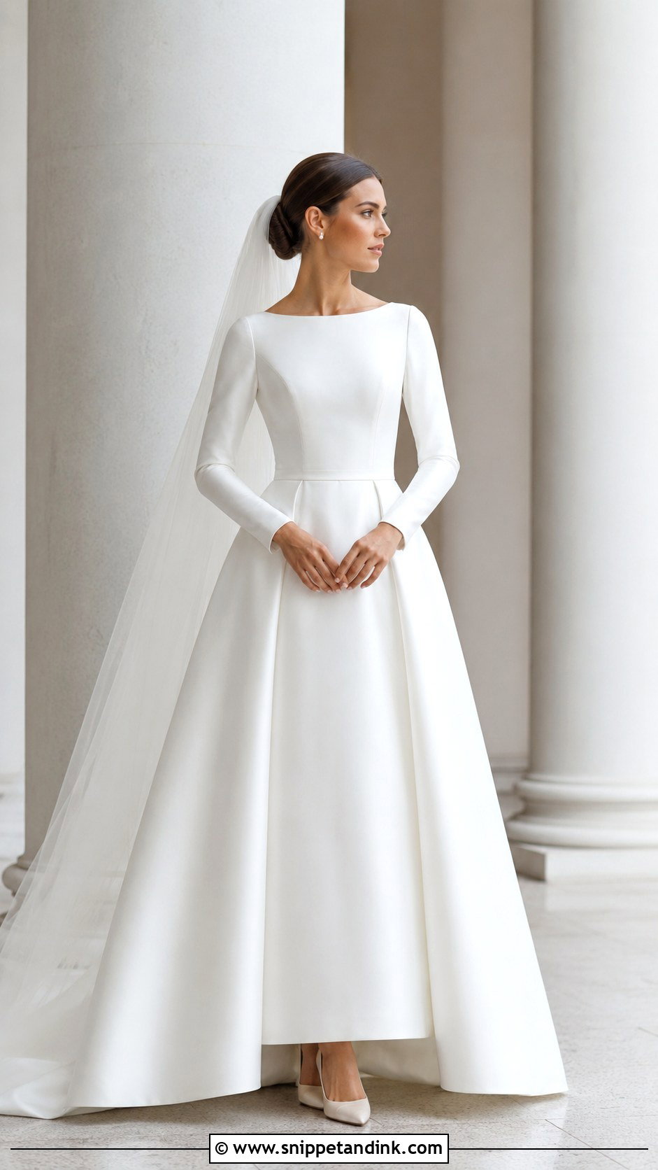Bateau Neck Mikado Long Sleeve Wedding Dress - Snippet and Ink - 20 Bride Dress Long Sleeve Ideas