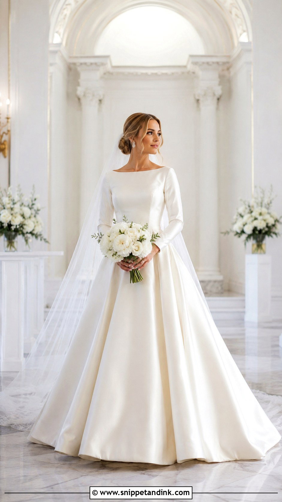 Bateau Neck Satin Ball Gown - Snippet and Ink - 20 Modest Long Sleeve Wedding Dresses