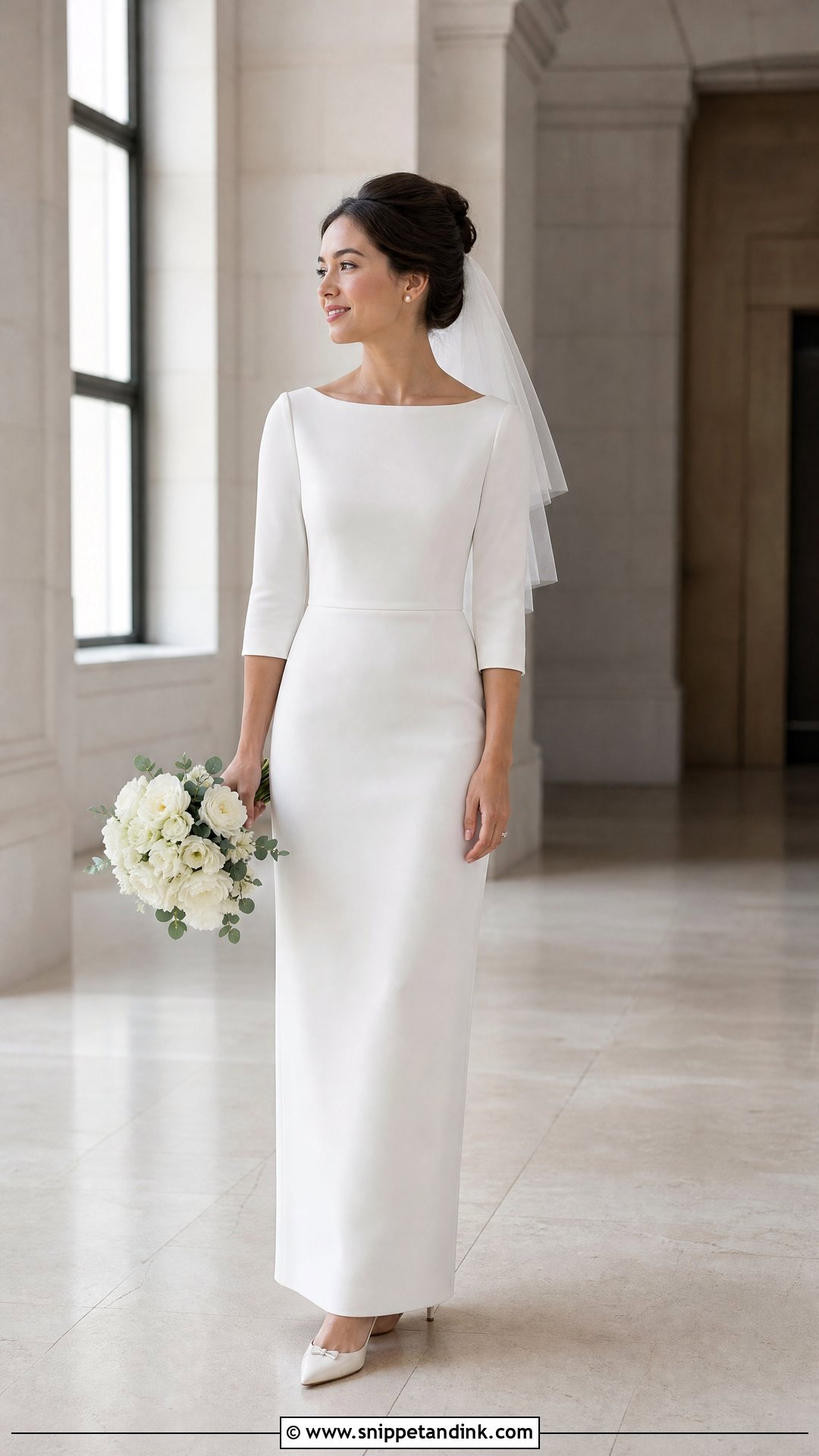 Bateau Neck Wedding Dress With Short Veil - Snippet and Ink - 20 Sleek Wedding Dresses