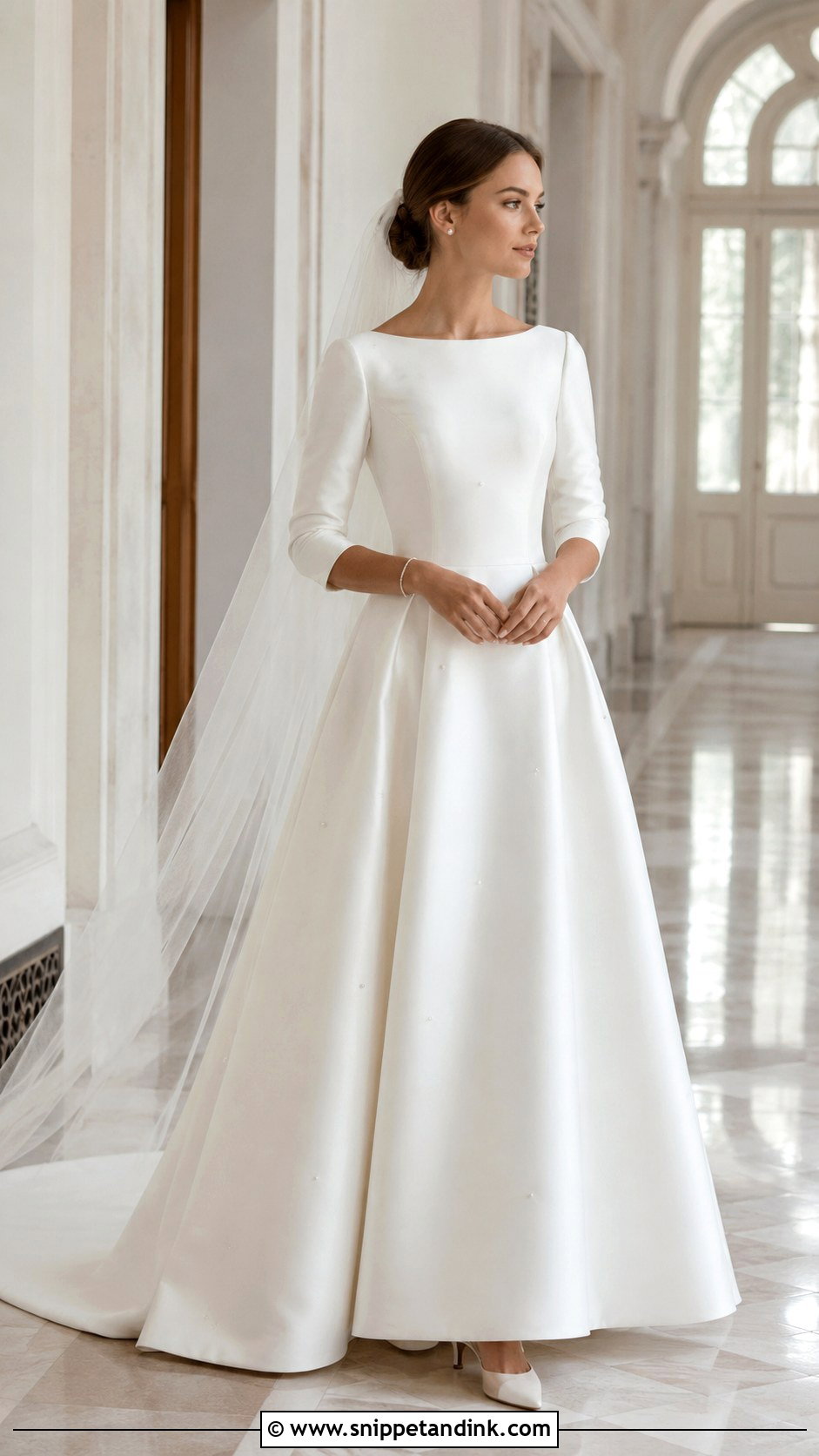 Bateau Neck Wedding Dress With Three Quarter Sleeves - Snippet and Ink - 20 Classic Wedding Dress with Sleeves