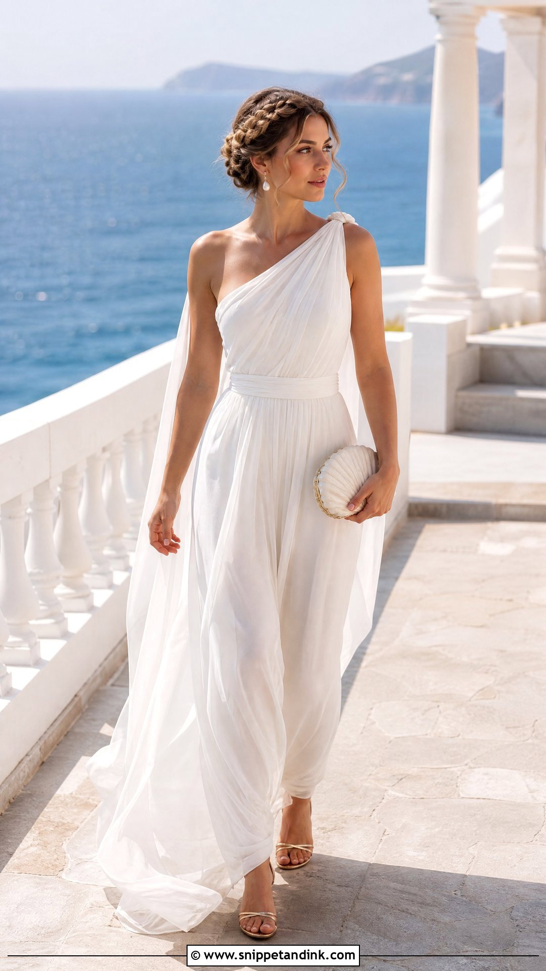Beach Ancient Greek Wedding Dress With Flat Gold Sandals - Snippet and Ink - 25 Ancient Greek Wedding Dress Ideas