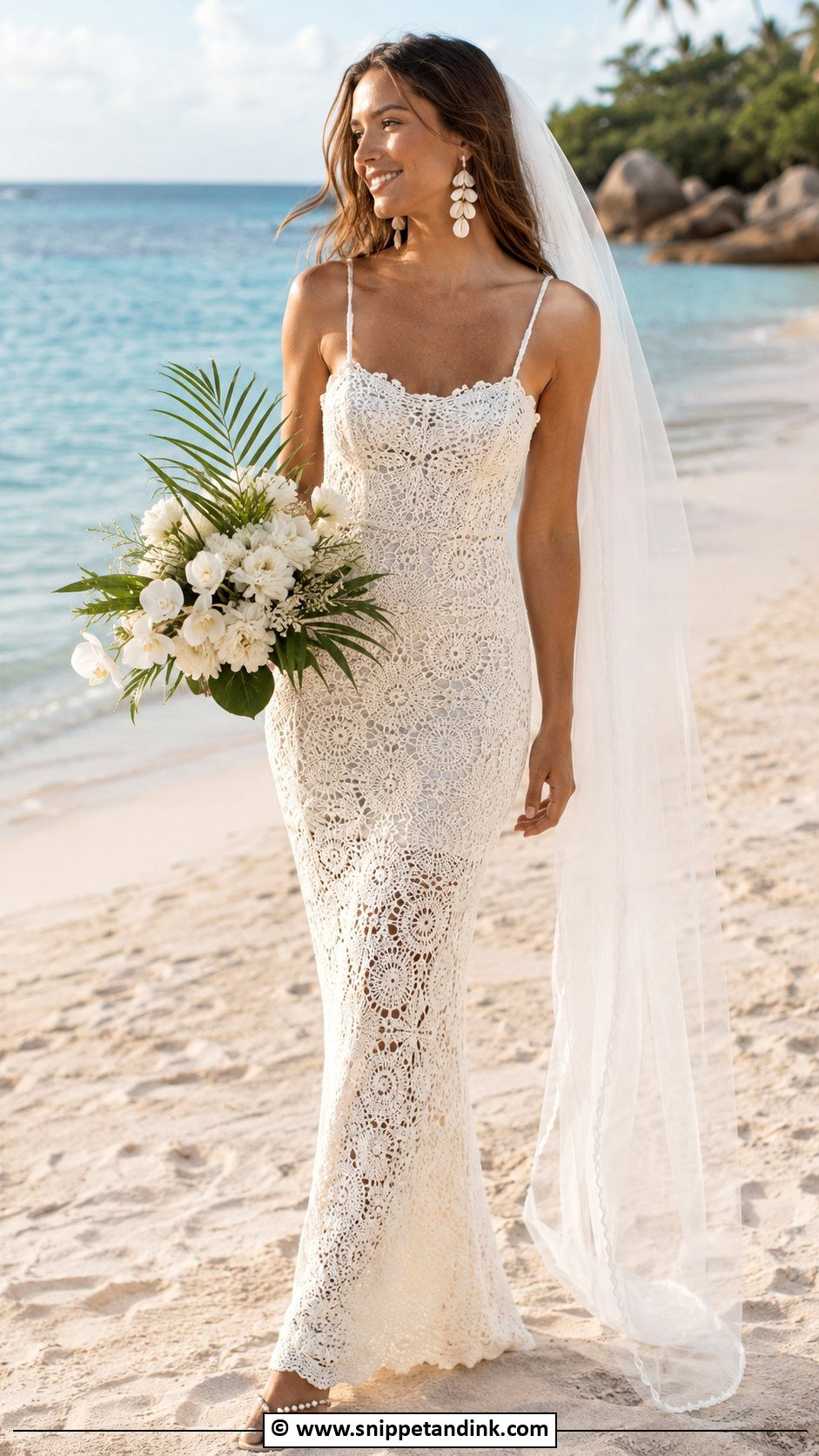 Beach Crochet Wedding Dress With Barefoot Sandals - Snippet and Ink - 30 Crochet Wedding Dress Ideas