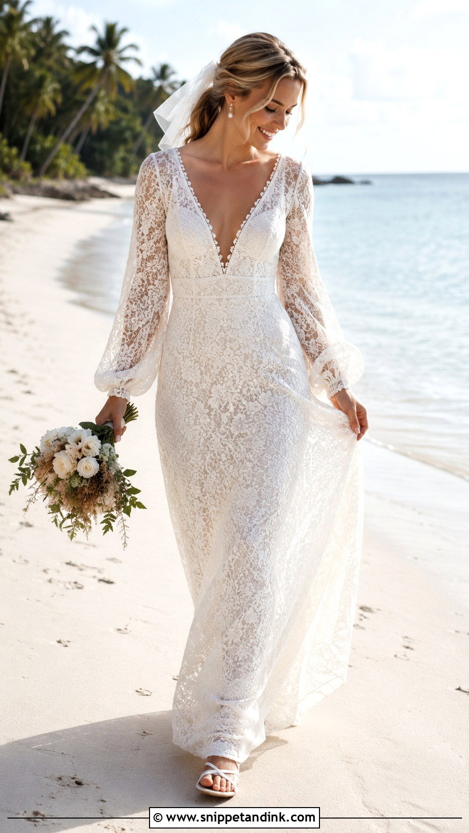 Beach Lace Wedding Dress With Bishop Sleeves - Snippet and Ink - 20 Lacy Wedding Dresses with Sleeves