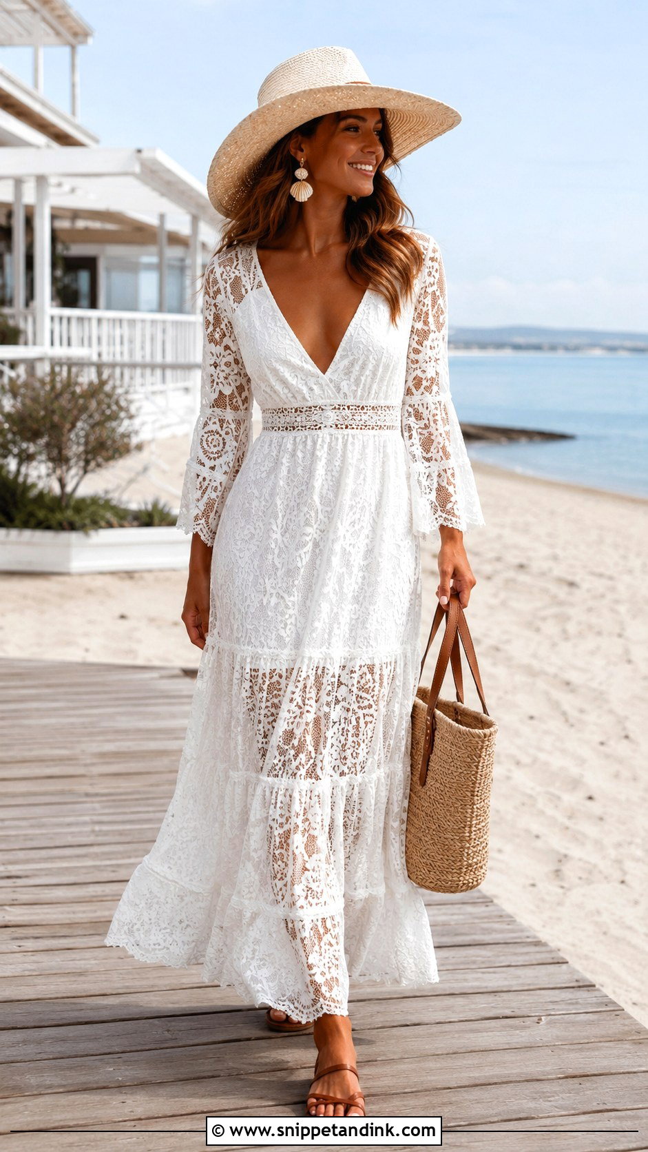 Beach Long White Lace Dress With Flat Sandals - Snippet and Ink - 20 Long White Lace Dress Ideas