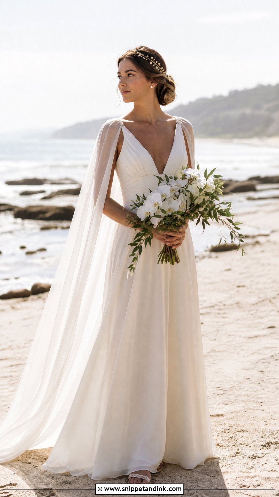 Beach Reign Wedding Dress With Sheer Cape - Snippet and Ink - 20 Reign Wedding Dress Ideas