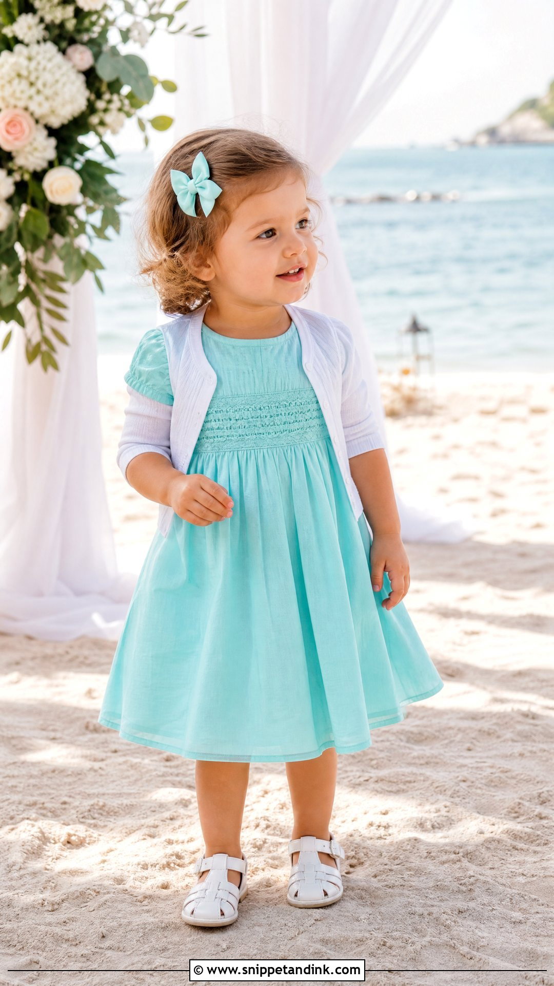 Beach Toddler Wedding Dress With Secure White Sandals - Snippet and Ink - 20 Toddler Wedding Dress Ideas