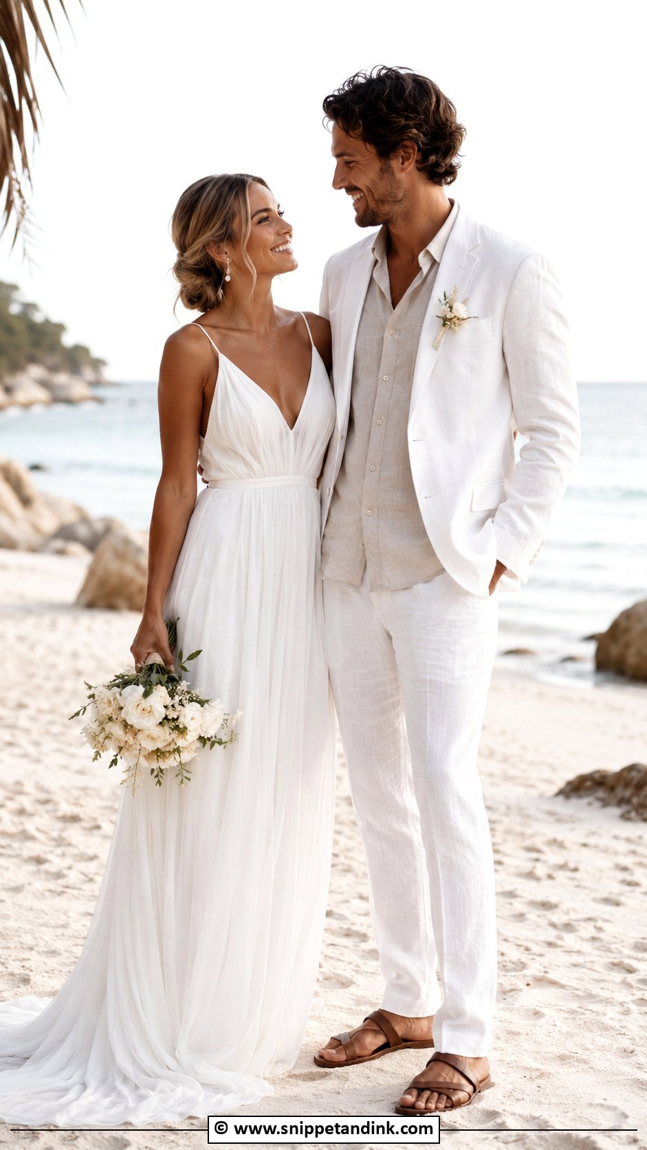 Beach Wedding Dress And White Linen Suit - Snippet and Ink - 30 Couple Wedding Dress Ideas