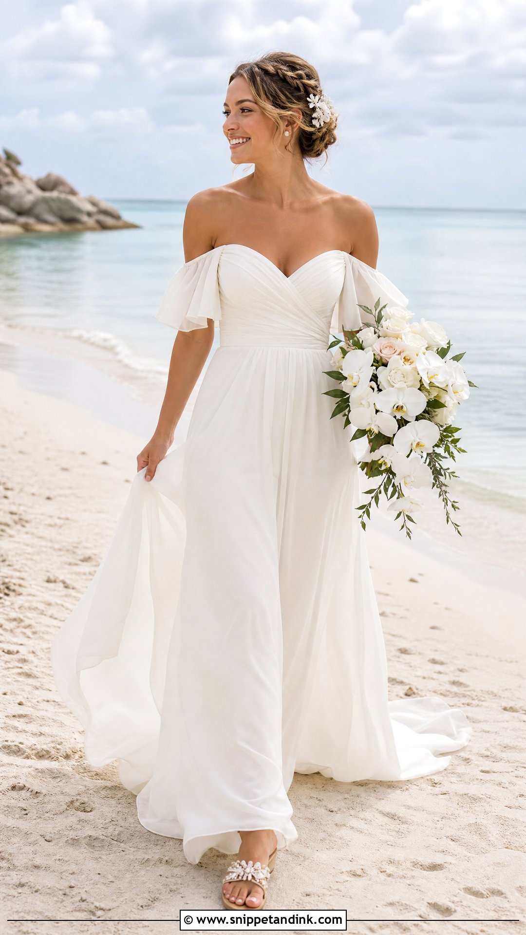 Beach Wedding Dress With Flutter Off Shoulder Sleeves - Snippet and Ink - 20 Wedding Dress Off Shoulder Sleeves