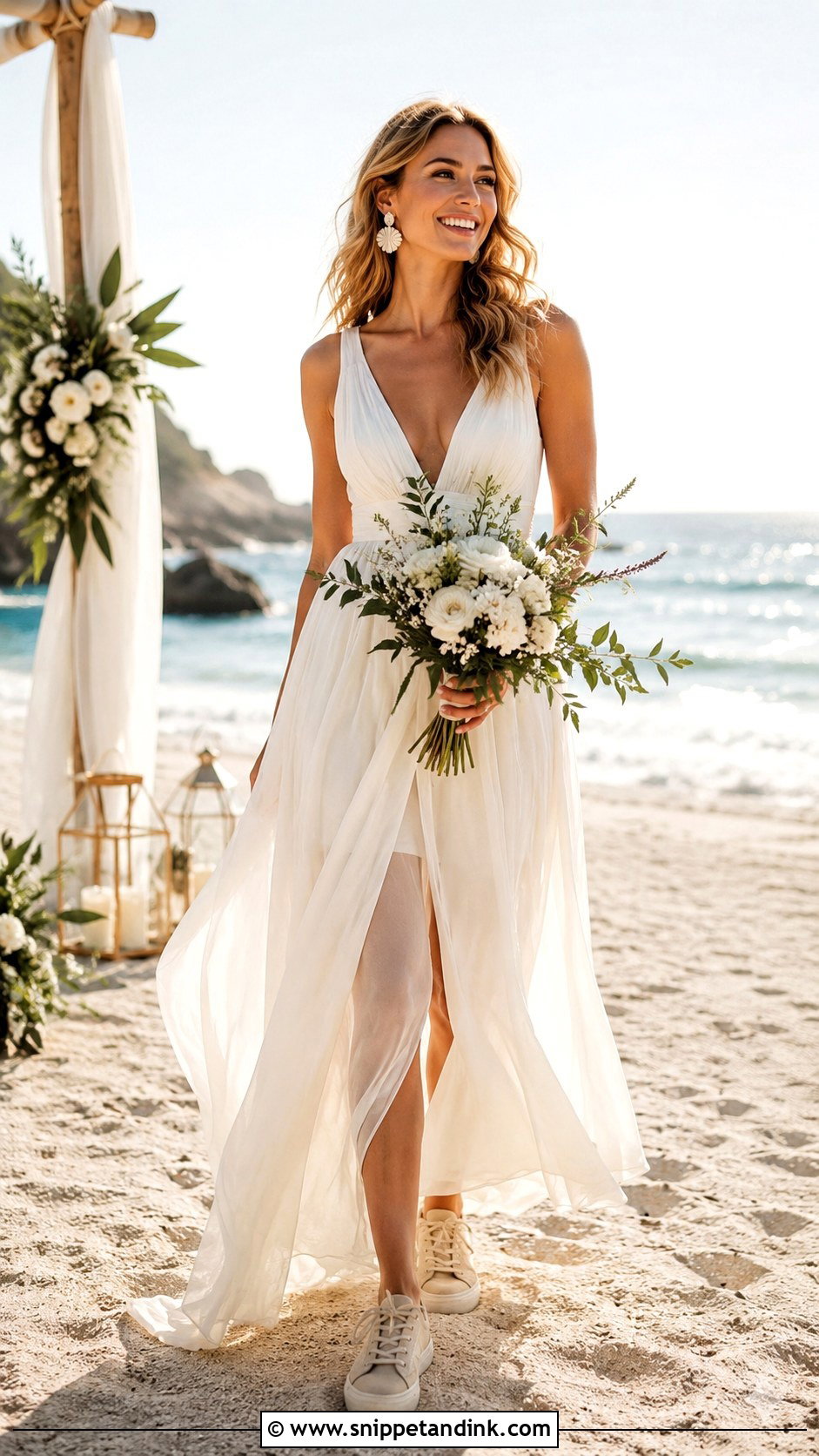 Beach Wedding Dress With Neutral Sneakers - Snippet and Ink - 20 Bride with Sneakers Ideas
