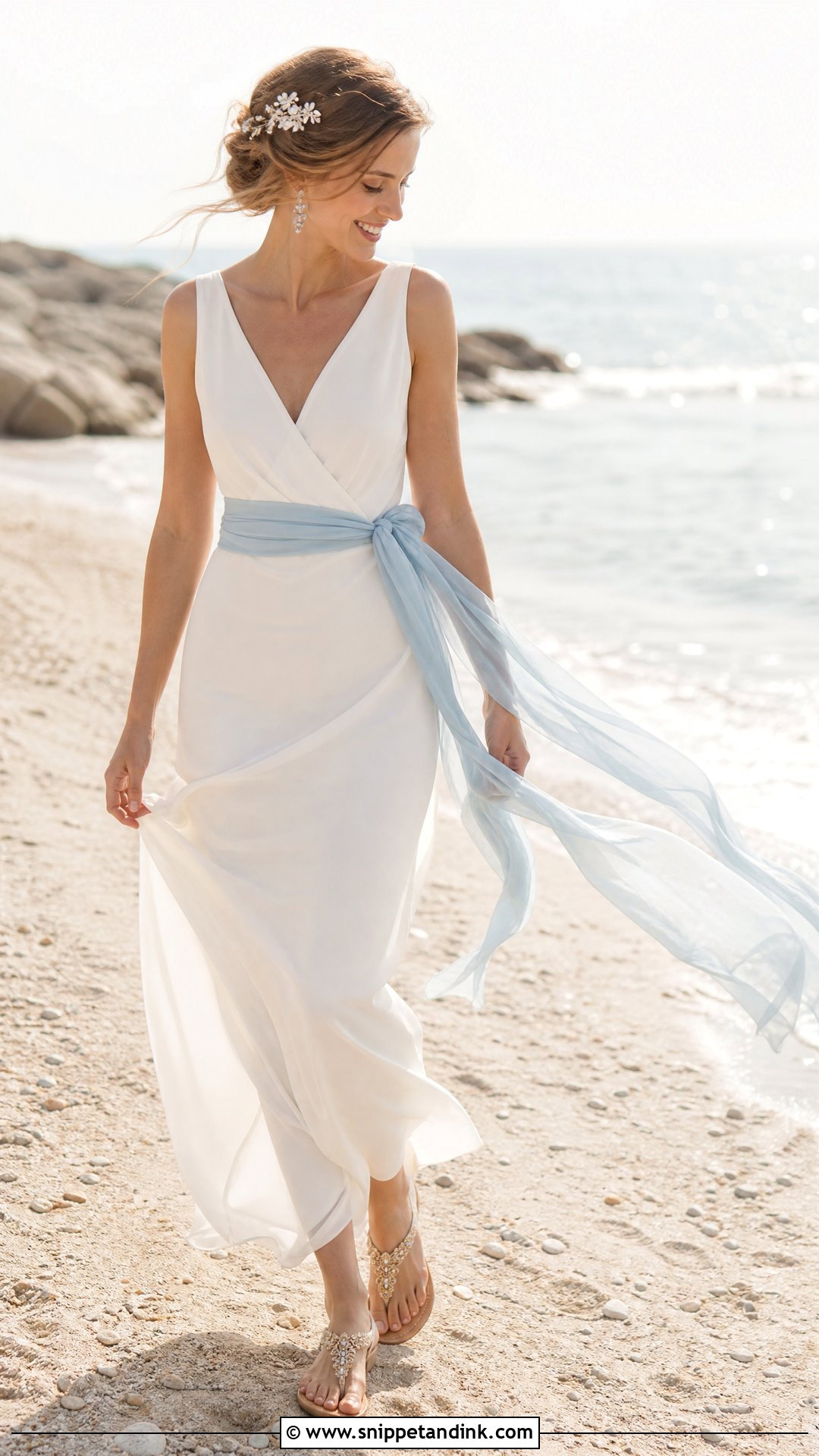 Beach Wedding Dress with Chiffon Sash - Snippet and Ink - 20 Wedding Dress with Belt Ideas