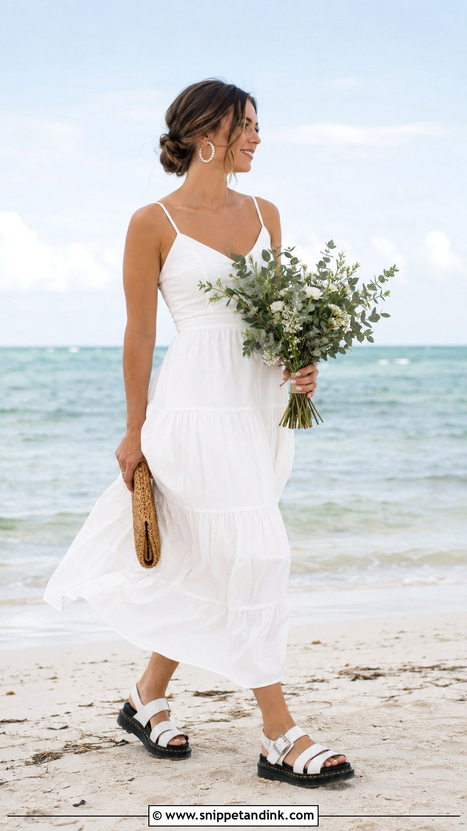 Beach Wedding Midi Dress With White Doc Martens Sandals - Snippet and Ink - 20 Doc Martens Wedding Ideas