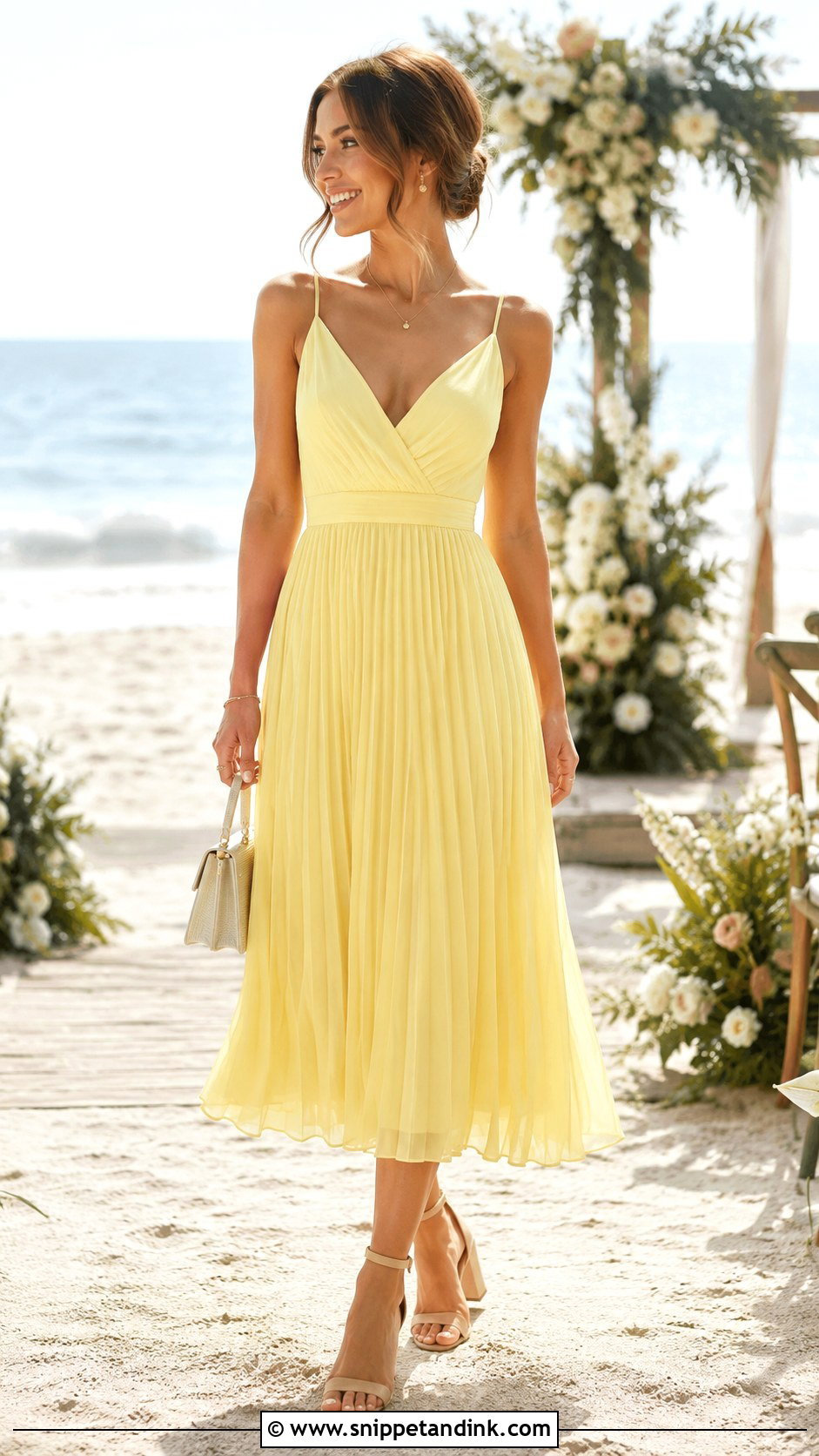 Beach Wedding Pleated Midi Dress - Snippet and Ink - 30 Beach Wedding Outfit Ideas
