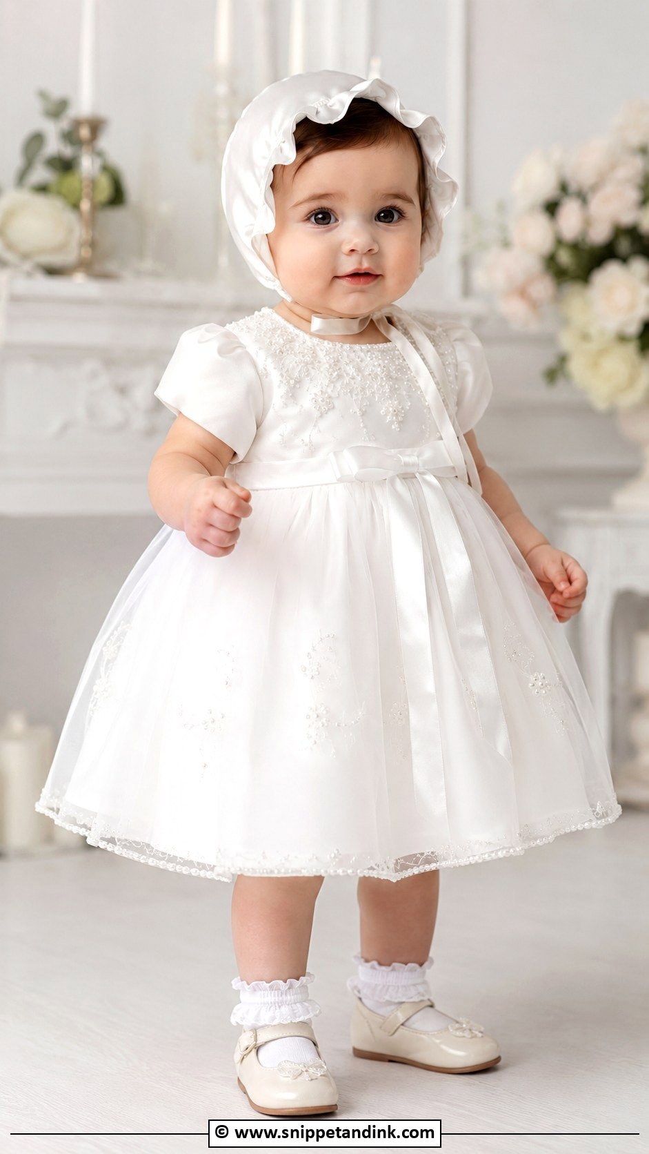Beaded Baptism Dress With Satin Bonnet - Snippet and Ink - 25 Baby Girl Baptism Dress Ideas