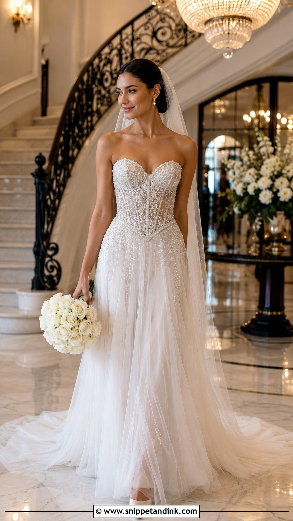 Beaded Basque Waist Dress With Sheer Tulle Skirt - Snippet and Ink - 20 Low Waist Wedding Dresses