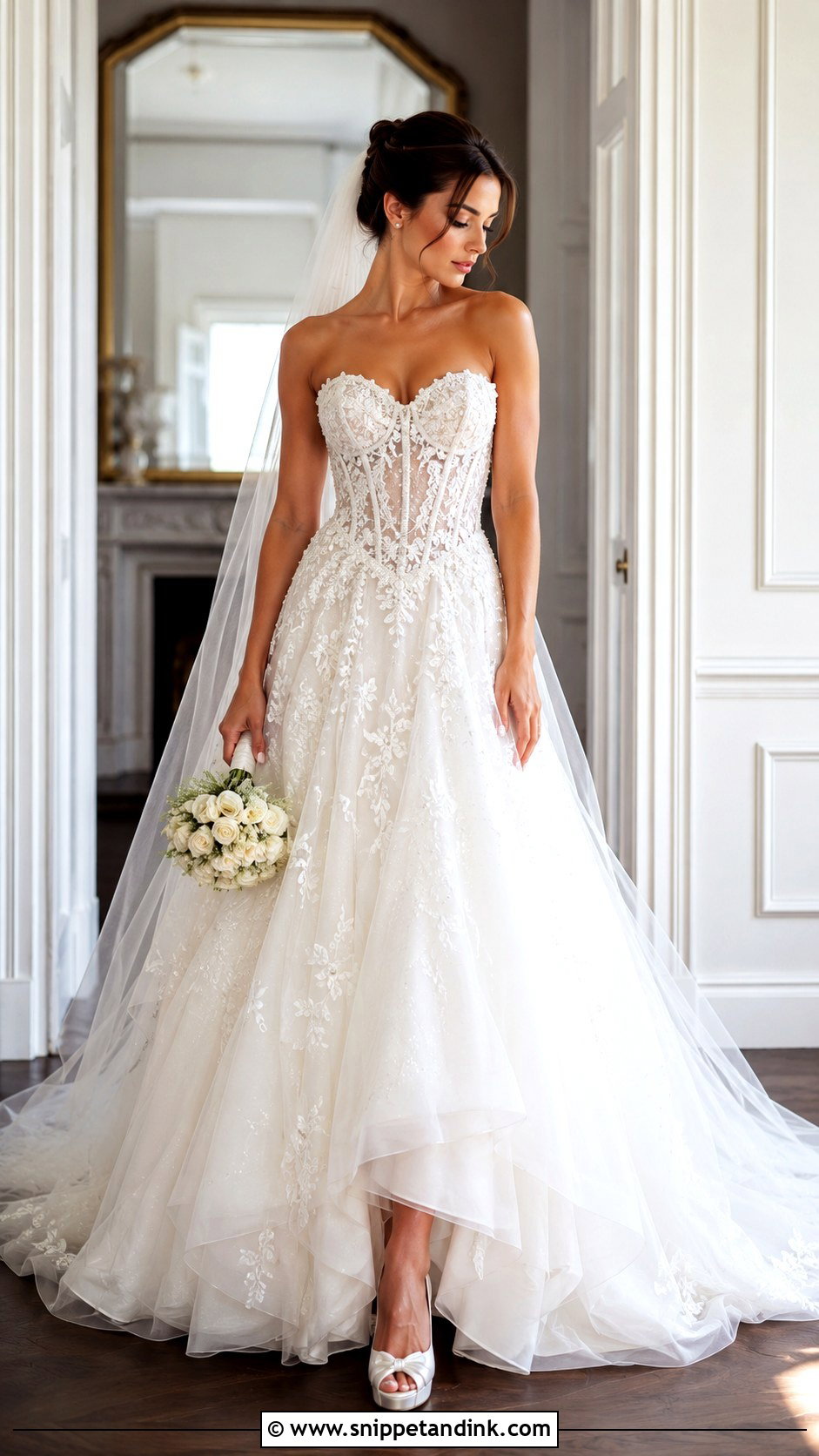 Beaded Basque Waist Lace Wedding Dress - Snippet and Ink - 20 Basque Waist Lace Wedding Dress Ideas